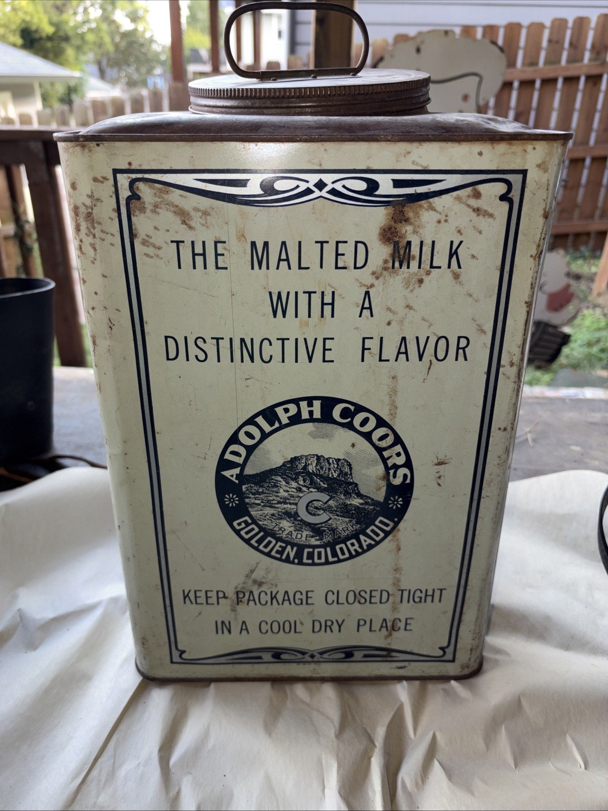 Vintage Coors Golden Malted Milk 25 lb Tin Can Container w/ Lid Prohibition Era