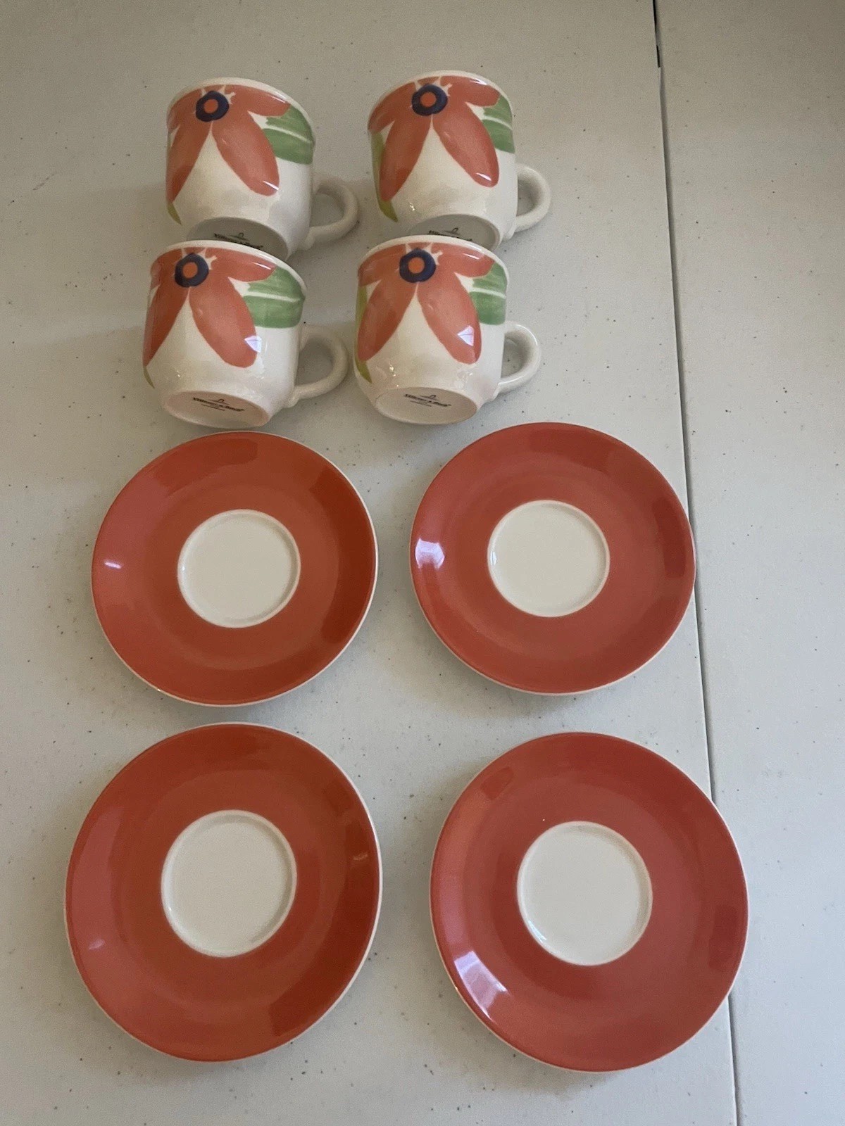 4-VILLEROY BOCH SWITCH BONJOUR MADAM DEMITASSE CUPS & SAUCERS 2 1/4\