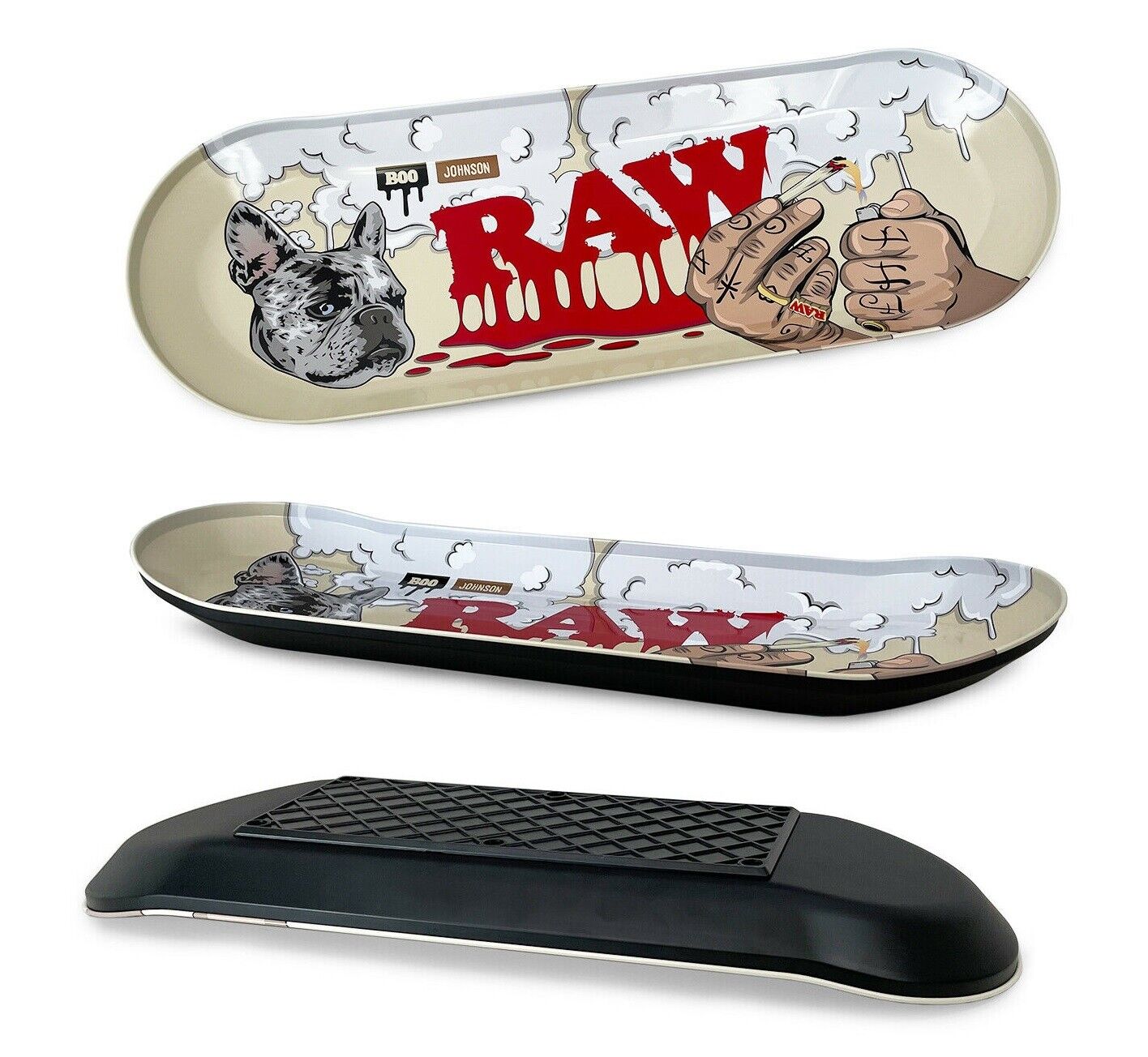 RAW Rolling Papers x “Boo Johnson” collab Skateboard Metal Rolling Deck Tray