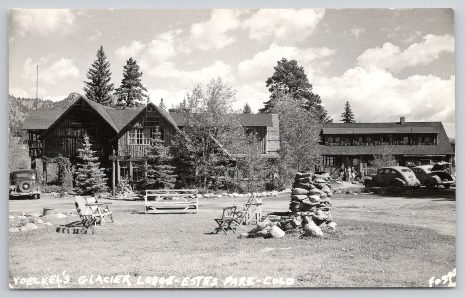 Yoelkel\'s Glacier Lodge Estes Park CO Rppc Vintage Cars Colorado