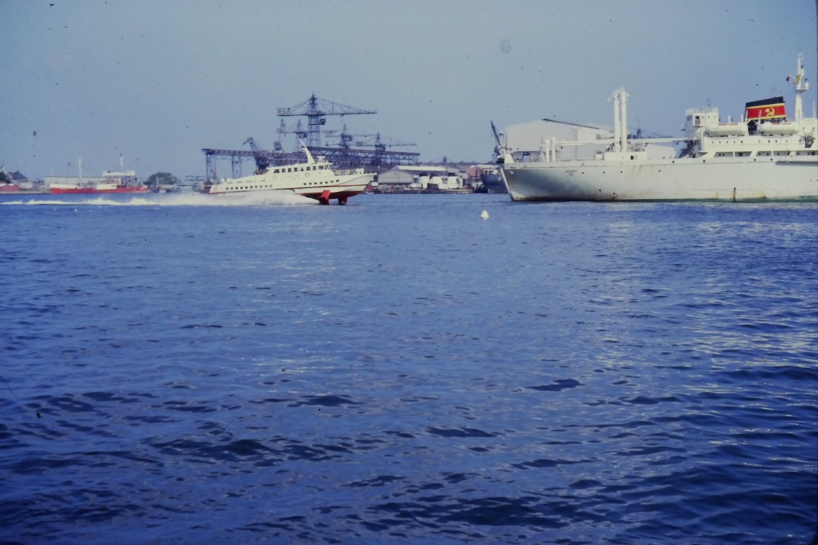 c1960's Kodachrome 35mm Slide, Soviet Cargo Ship and Hydrofoil Boat in Harbor c1960's Kodachrome 35mm Slide, Soviet Cargo Ship and Hydrofoil Boat in Harbor
