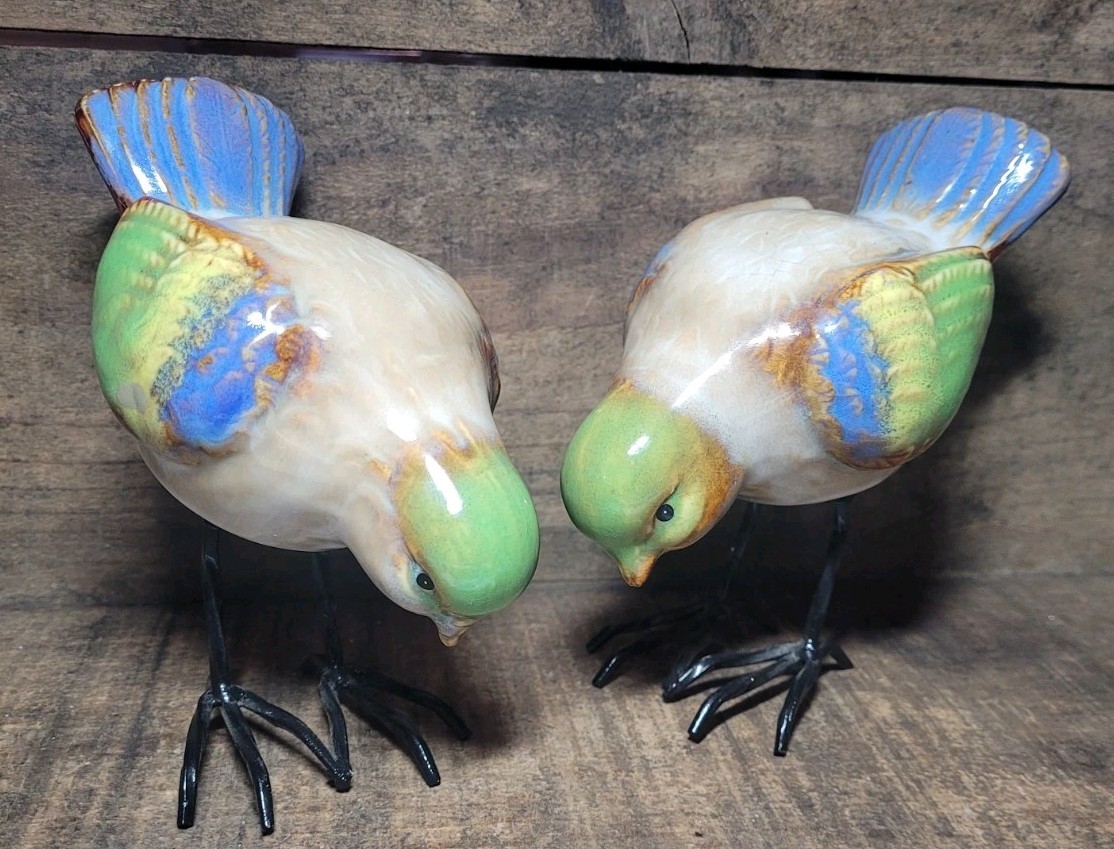 Vintage Ceramic Bird Figurines Pair – Hand Painted – One Repaired Tail & Crazing