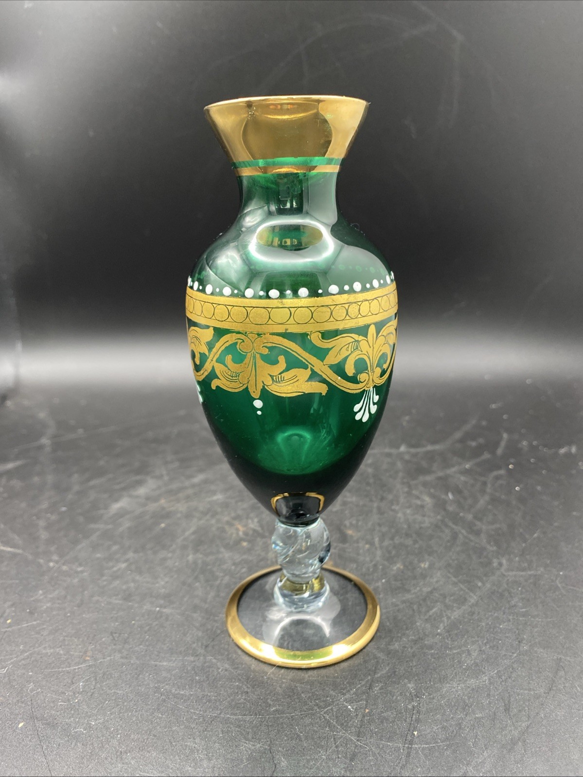 Vtg Bohemian Emerald Green Glass Bud Vase Gold Gilt Enamel Scroll Pedestal 6”