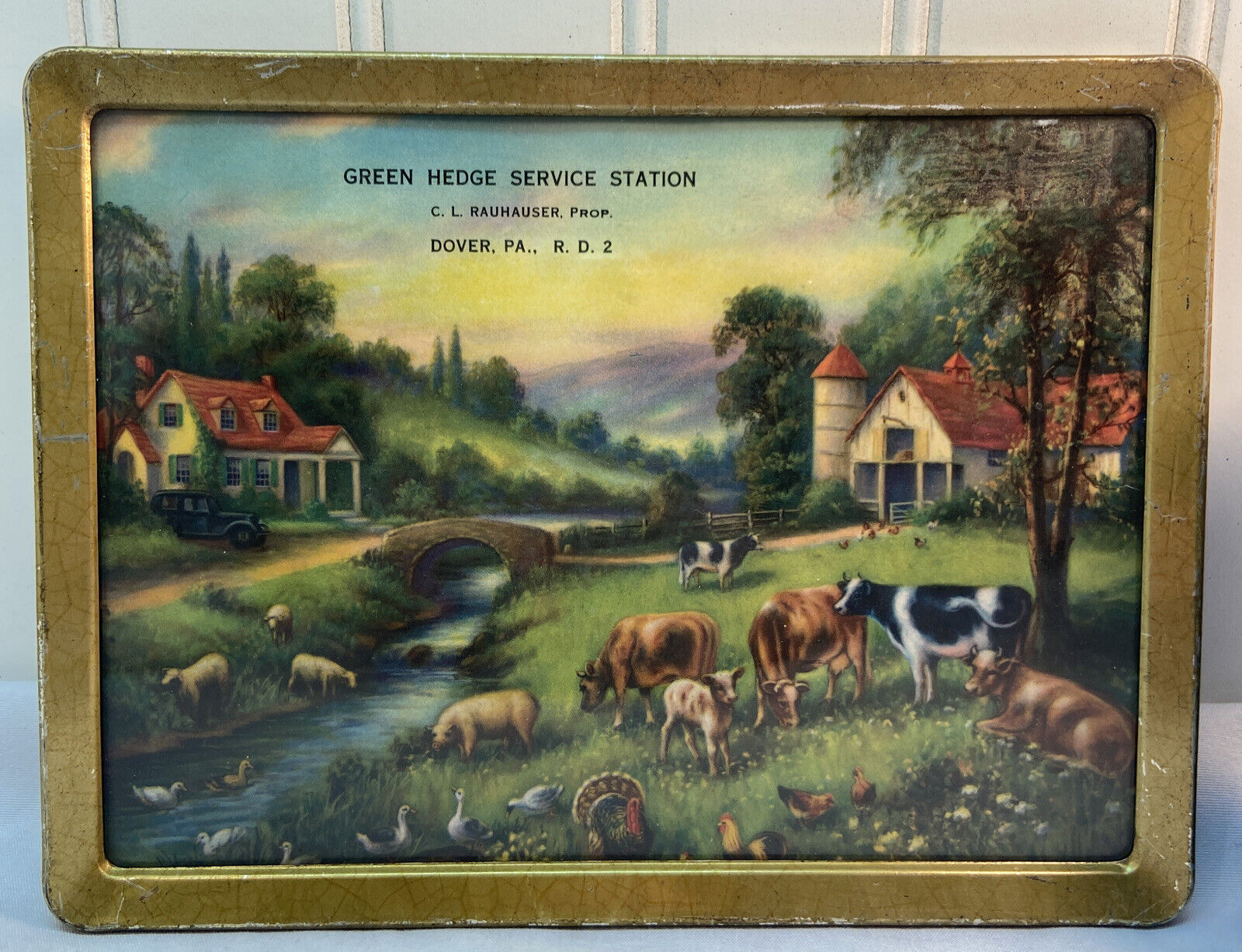 Vtg 1940-50’s GREEN HEDGE SERVICE STATION Gas Ad Litho FARM SCENE COWS PIG Frame