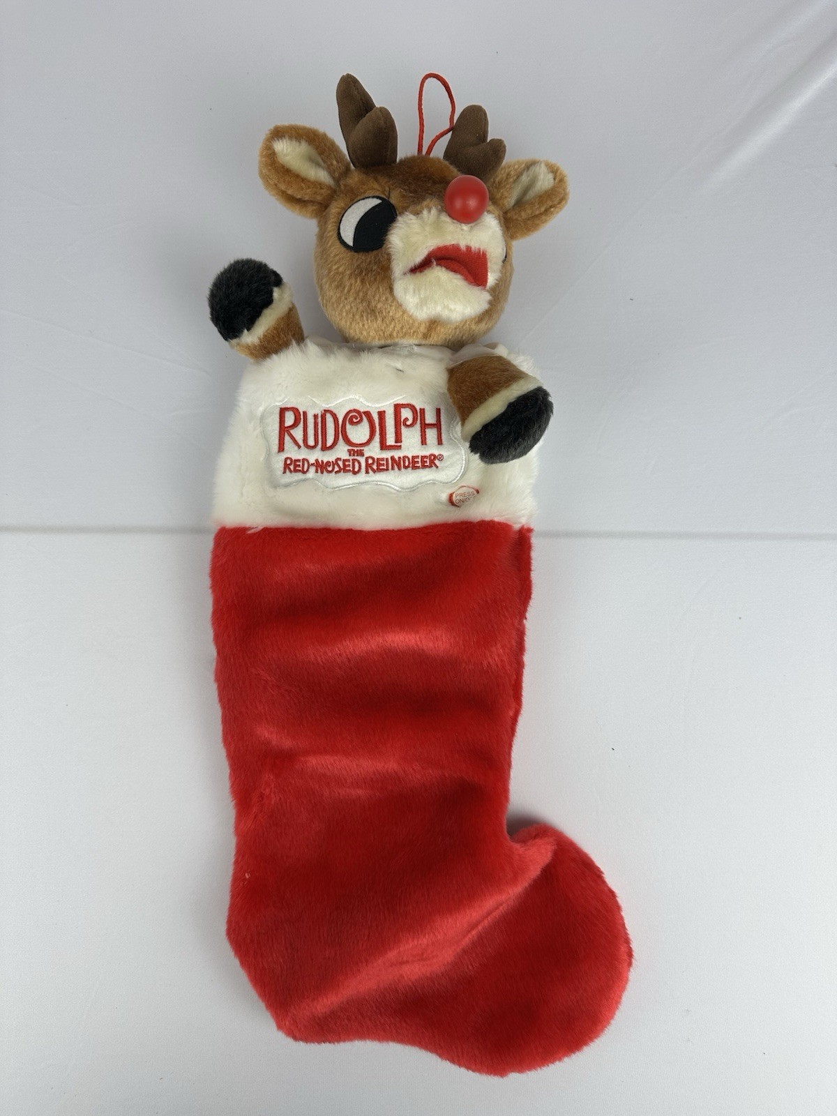 VTG 1992 Gemmy Rudolph Plush Christmas Stocking Light Up Red Nose Singing 23\