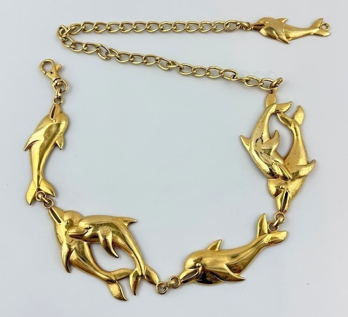 Vtg Gold Tone Dolphin Chain Belt Ocean Sea Life Adjustable Metal 38\