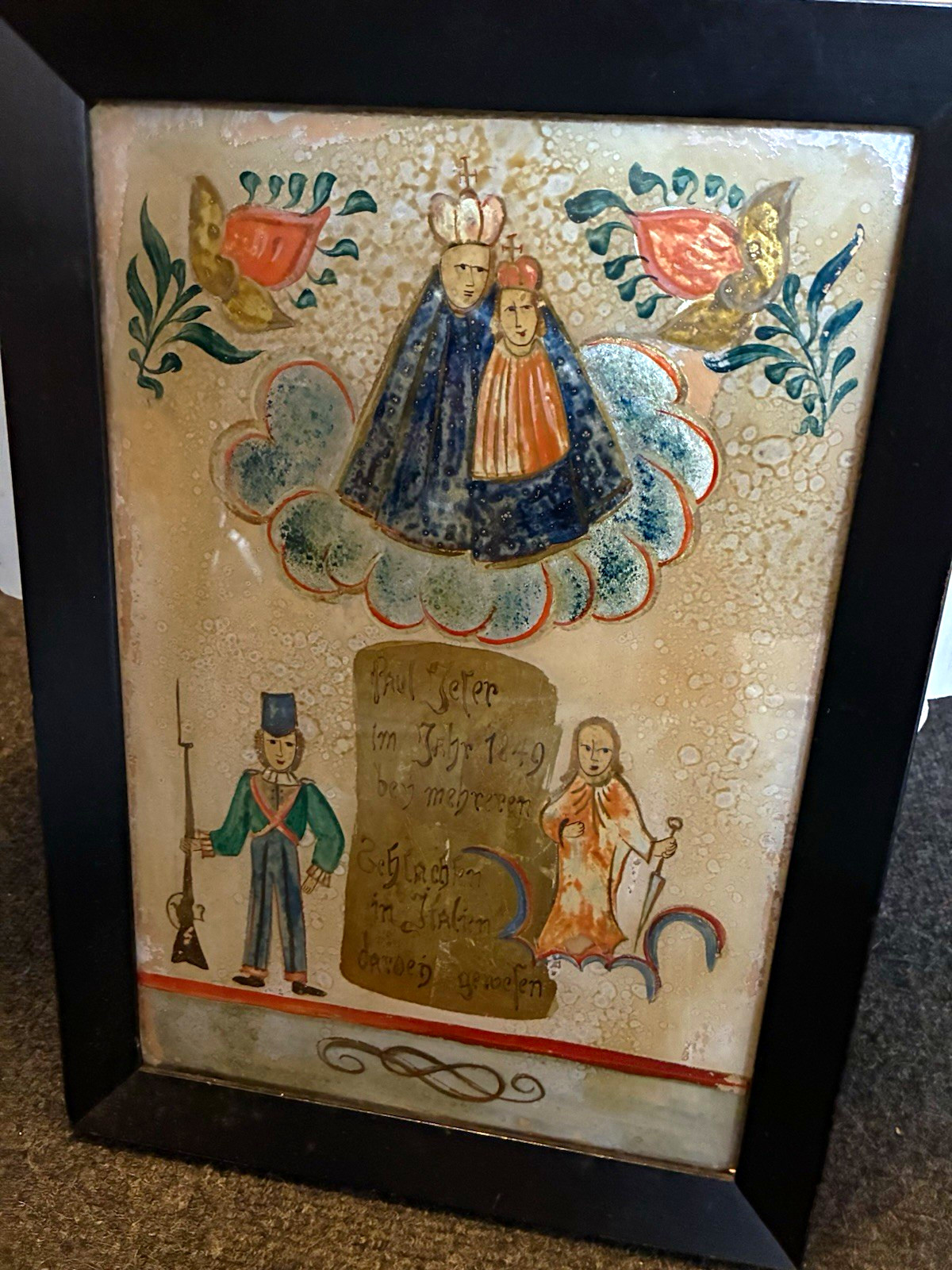 Rare 1849 Reverse Glass Folk Art Painting – Soldier\'s Ex-Voto with Madonna 15x10 Rare 1849 Reverse Glass Folk Art Painting – Soldier\'s Ex-Voto with Madonna 15x10