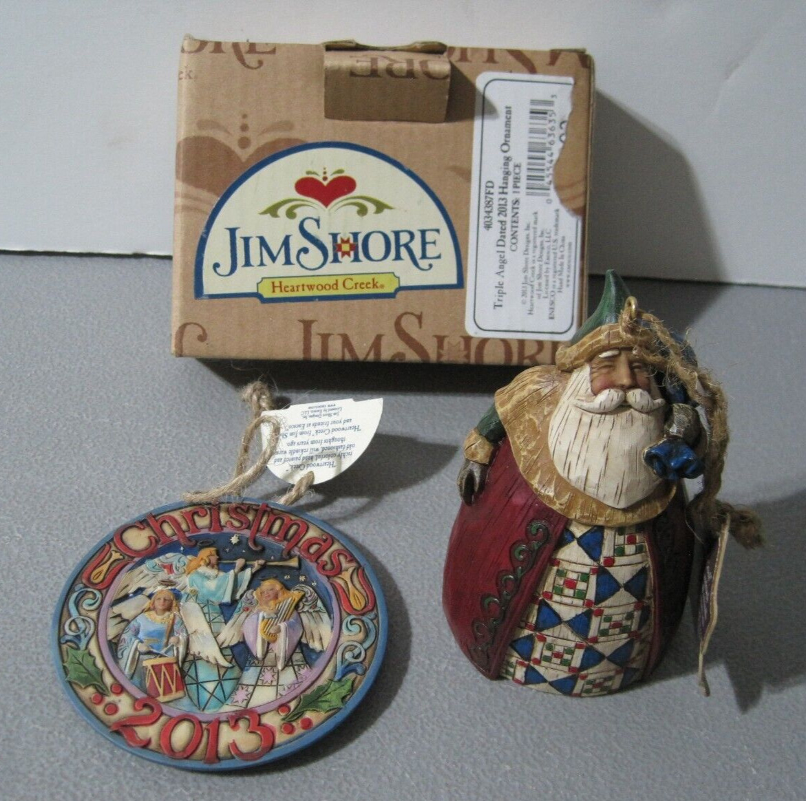 2 Jim Shore Ornaments - 2002 Wood Santa & 2013 Round Triple Angel 4034387
