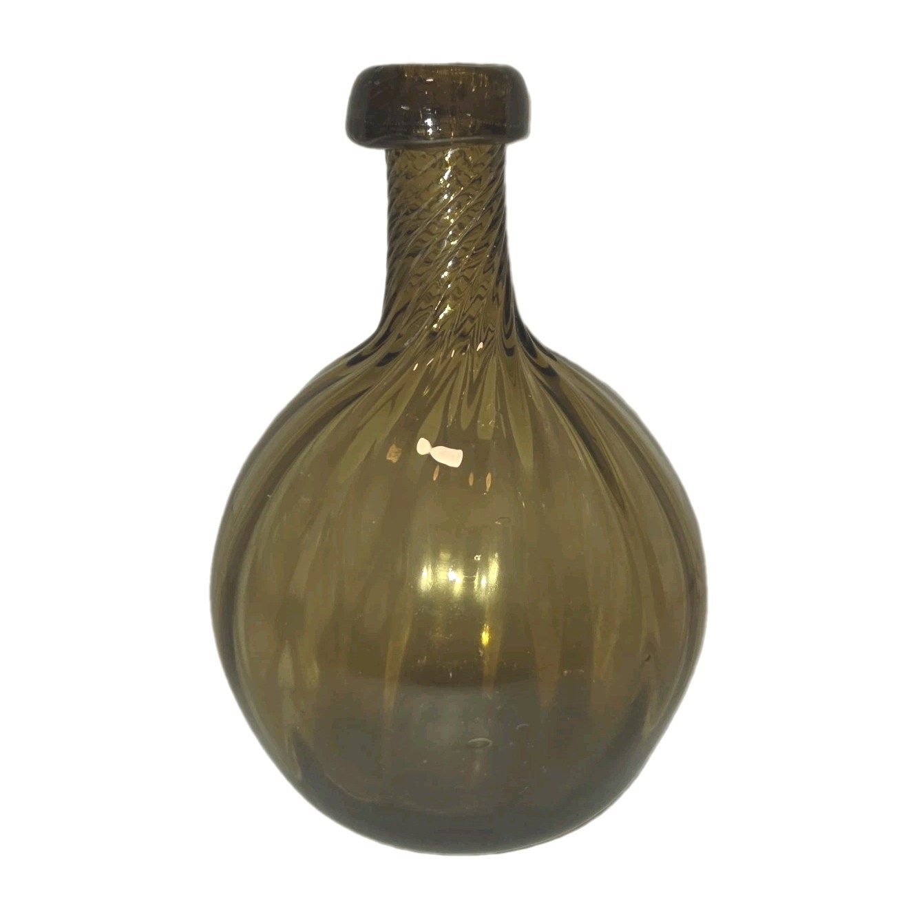 Globular Amber Glass Bottle Rib Twist Applied Collar Small Hand Blown 
