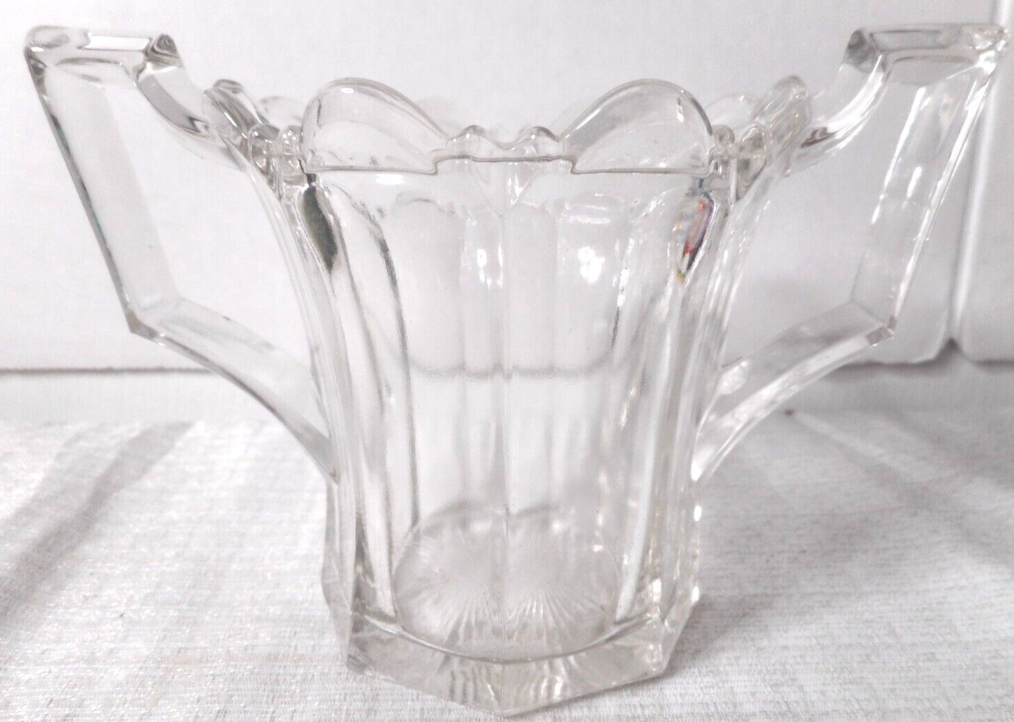 Victorian Clear Thick Glass Double Handle Spooner Scalloped Top Sunburst Bottom