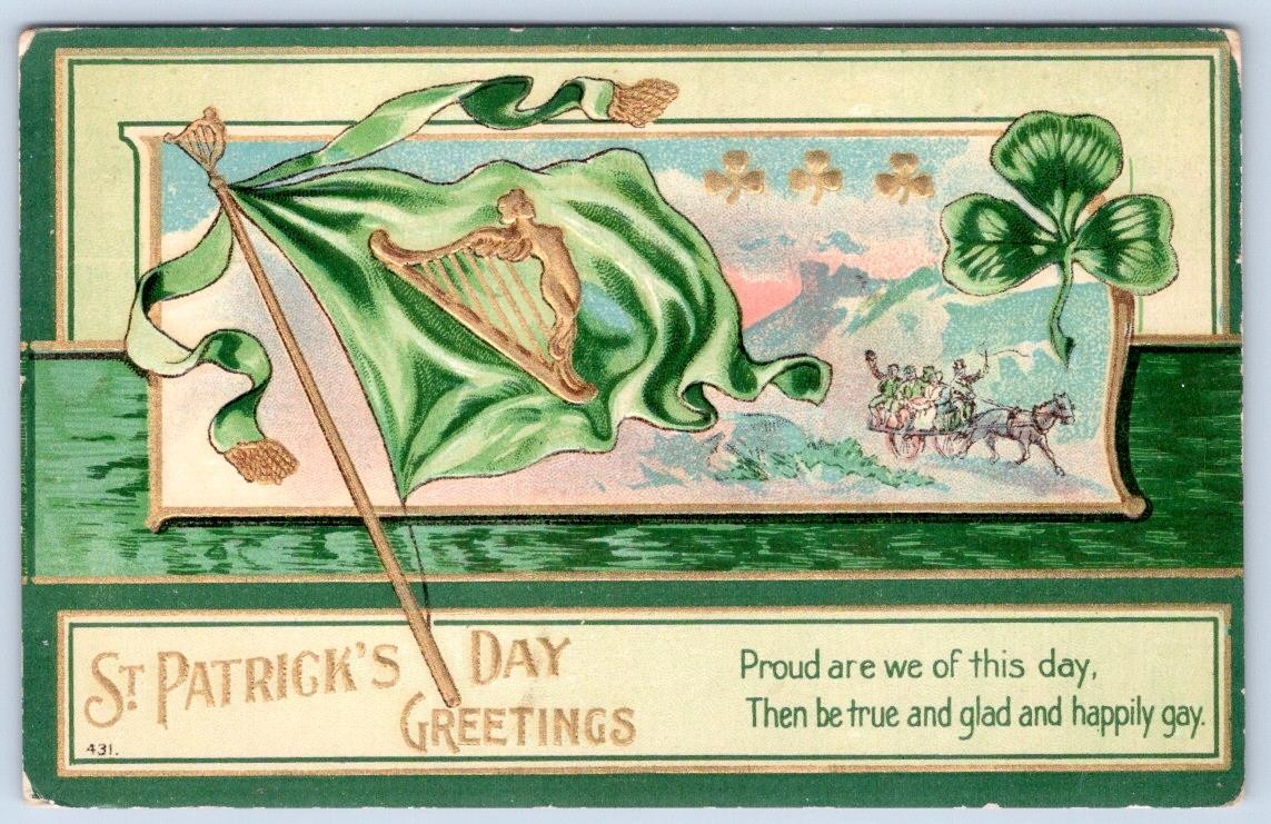 1907-10\'s ST PATRICK\'S DAY GREETINGS SHAMROCKS FLAG VICTORIAN EMBOSSED POSTCARD