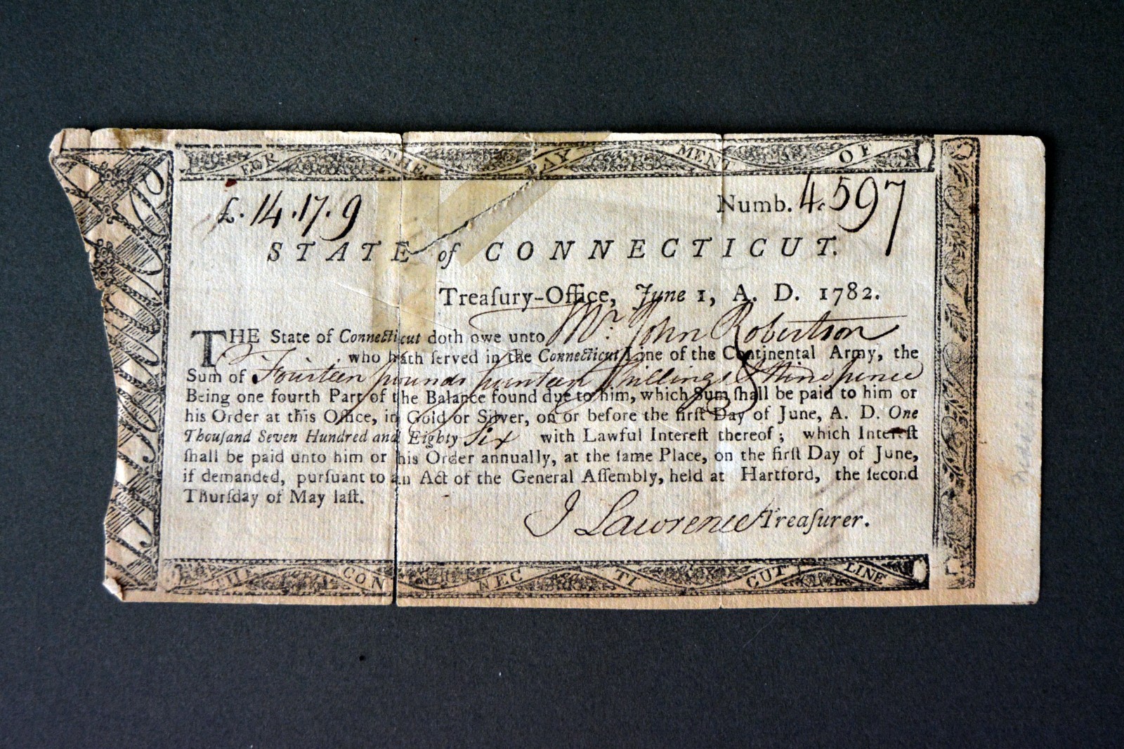 REVOLUTIONARY WAR PAY CERT 1782- CONNECTICUT- J LAWRENCE, TSR. - REPAIRED REVOLUTIONARY WAR PAY CERT 1782- CONNECTICUT- J LAWRENCE, TSR. - REPAIRED