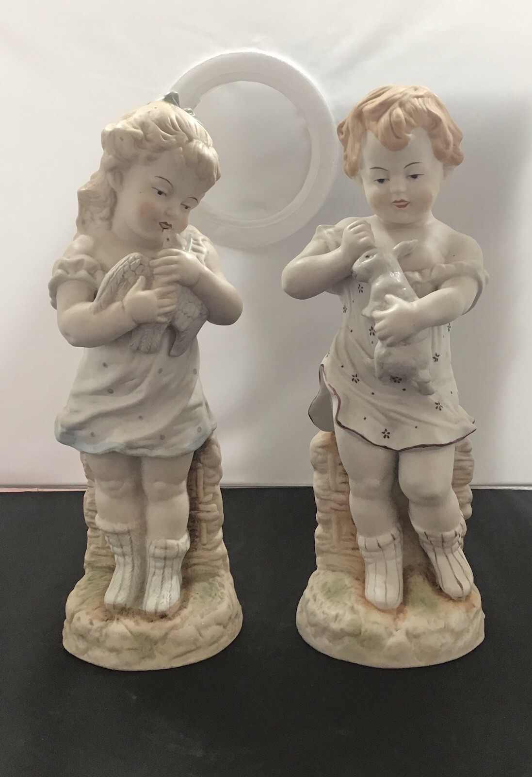 Pair Vintage Bisque Porcelain Figurines Boy w Rabbit/Girl w Dove 13 Pair Vintage Bisque Porcelain Figurines Boy w Rabbit/Girl w Dove 13