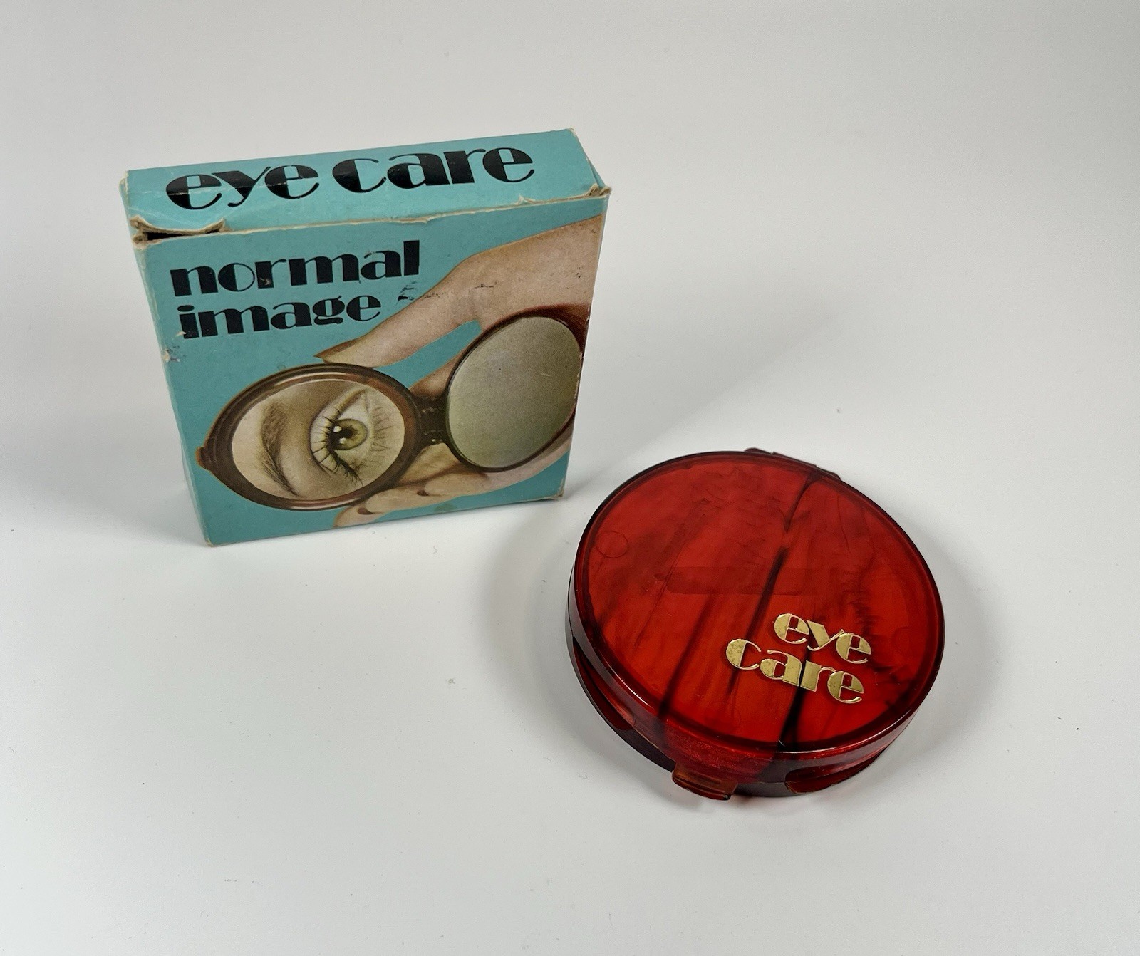 Rare vintage Normal Image Eyecare Compact Mirror Original Box Red Lucite 1970s