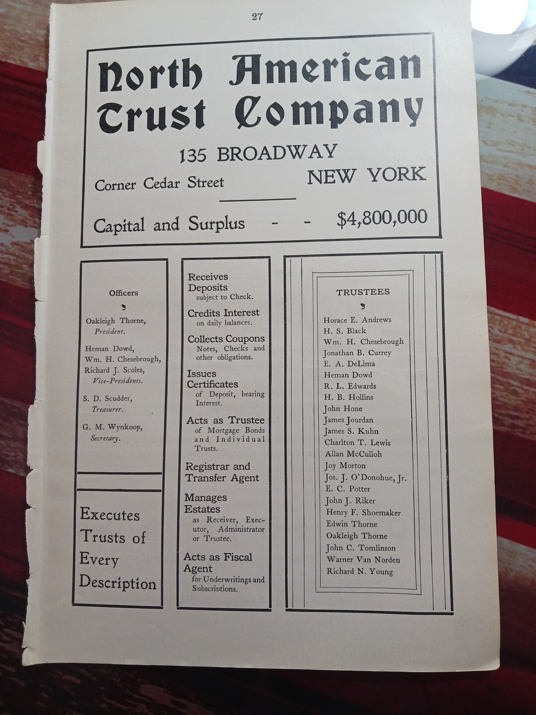 1902 Print Ad NORTH AMERICAN TRUST COMPANY 135 Broadway NYC Bank Trusts