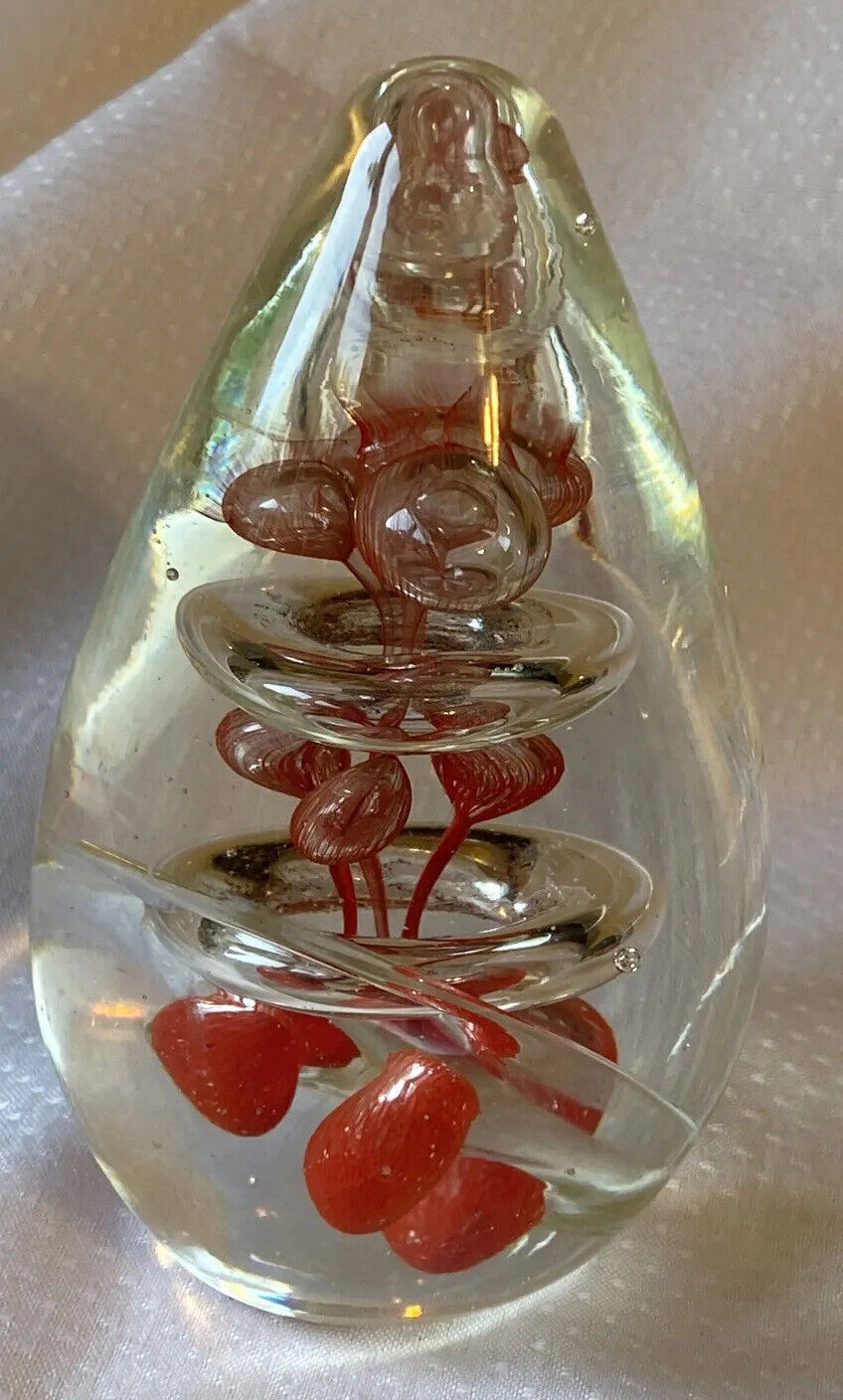 Vintage Glass Pear Shaped Paperweight With Red Accent and Ring Bubbles 4.75”