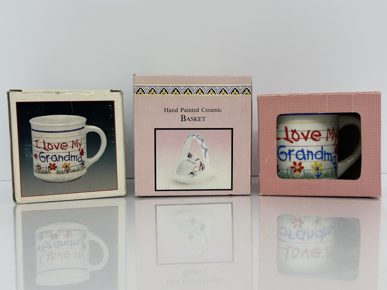 Vtg 1989 Artmark I Love My Grandma Ceramic Mug Set With Porcelain Floral Basket