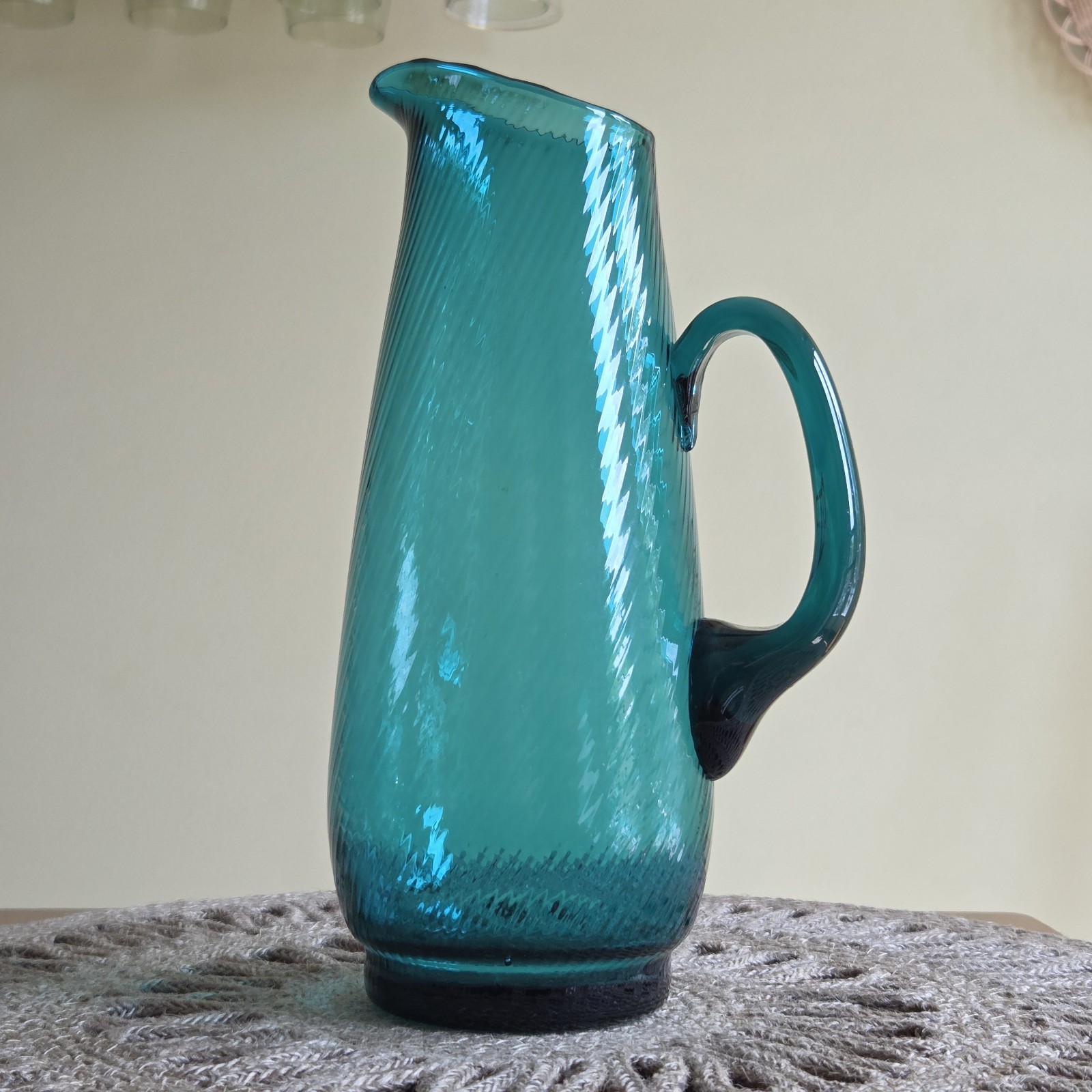 Vintage Hand Blown Glass Pitcher Teal Blue Probable Empoli Glass 10\