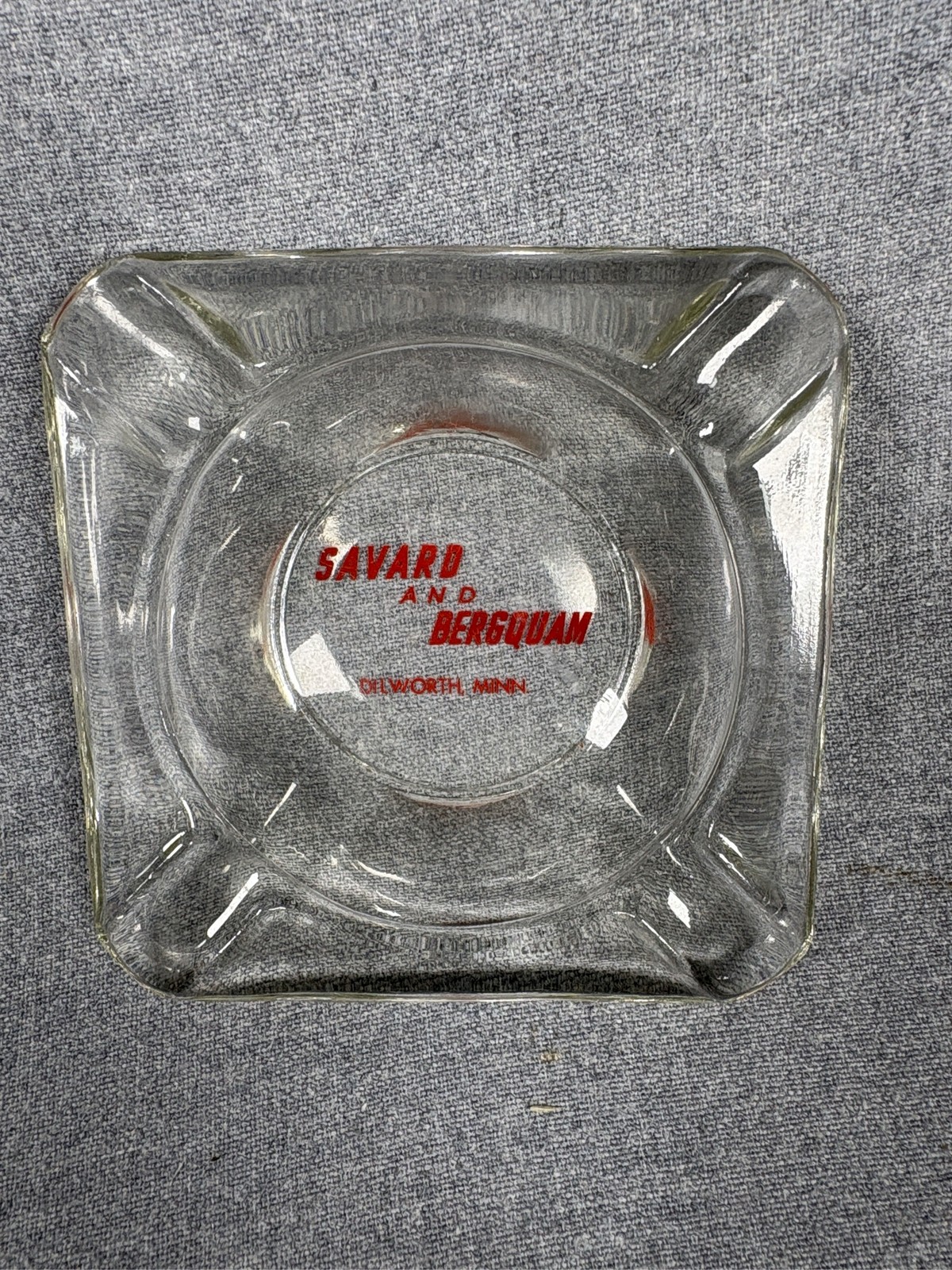 Vintage Glass Advertising Ashtray Savard and Bergquam Dilworth Minnesota
