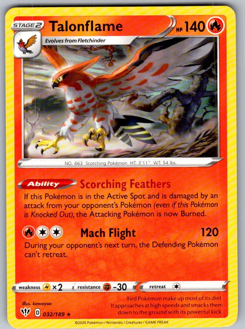 POKÉMON TCG TALONFLAME 032/189 RARE DARKNESS ABLAZE LIGHTLY PLAYED POKÉMON TCG TALONFLAME 032/189 RARE DARKNESS ABLAZE LIGHTLY PLAYED