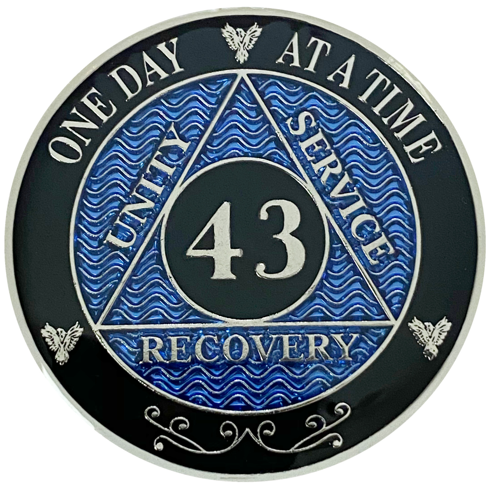AA 43 Year Coin Blue, Silver Color Plated Medallion, Alcoholics Anonymous Coin