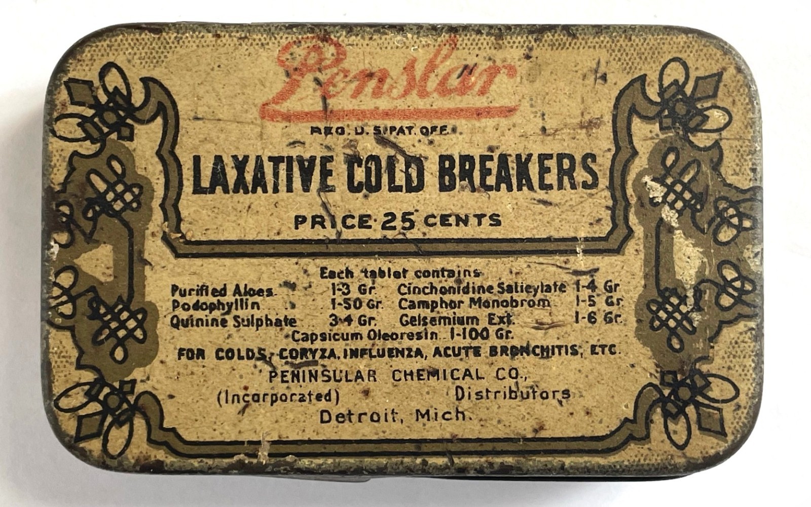 Early Vintage 1900s Penslar Laxative Cold Breakers Tin Detroit