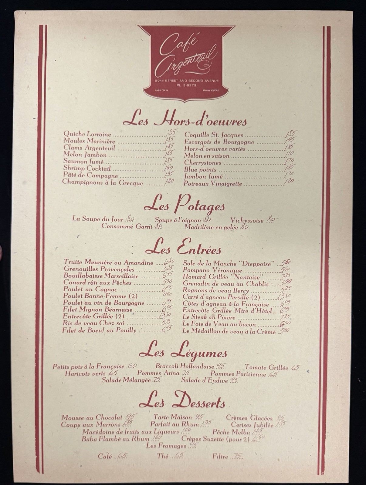 Vintage Cafe Argenteuil NYC French Restaurant Menu Recipe Sheet 1960s