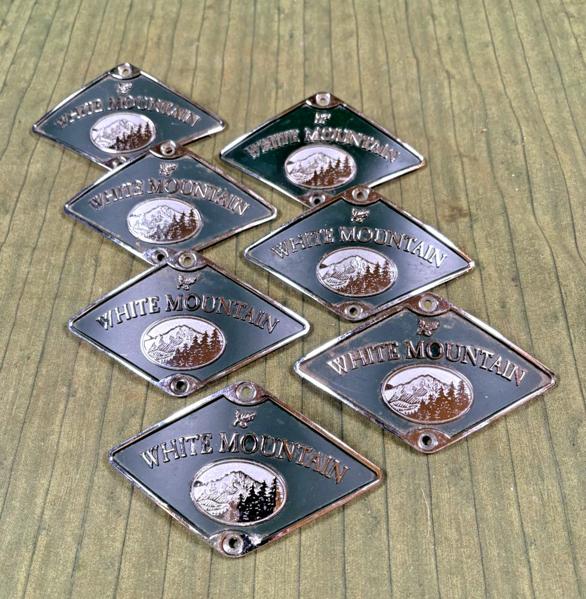 Lot of (7) White Mountain Ice Cream Maker Metal Logo Nameplates