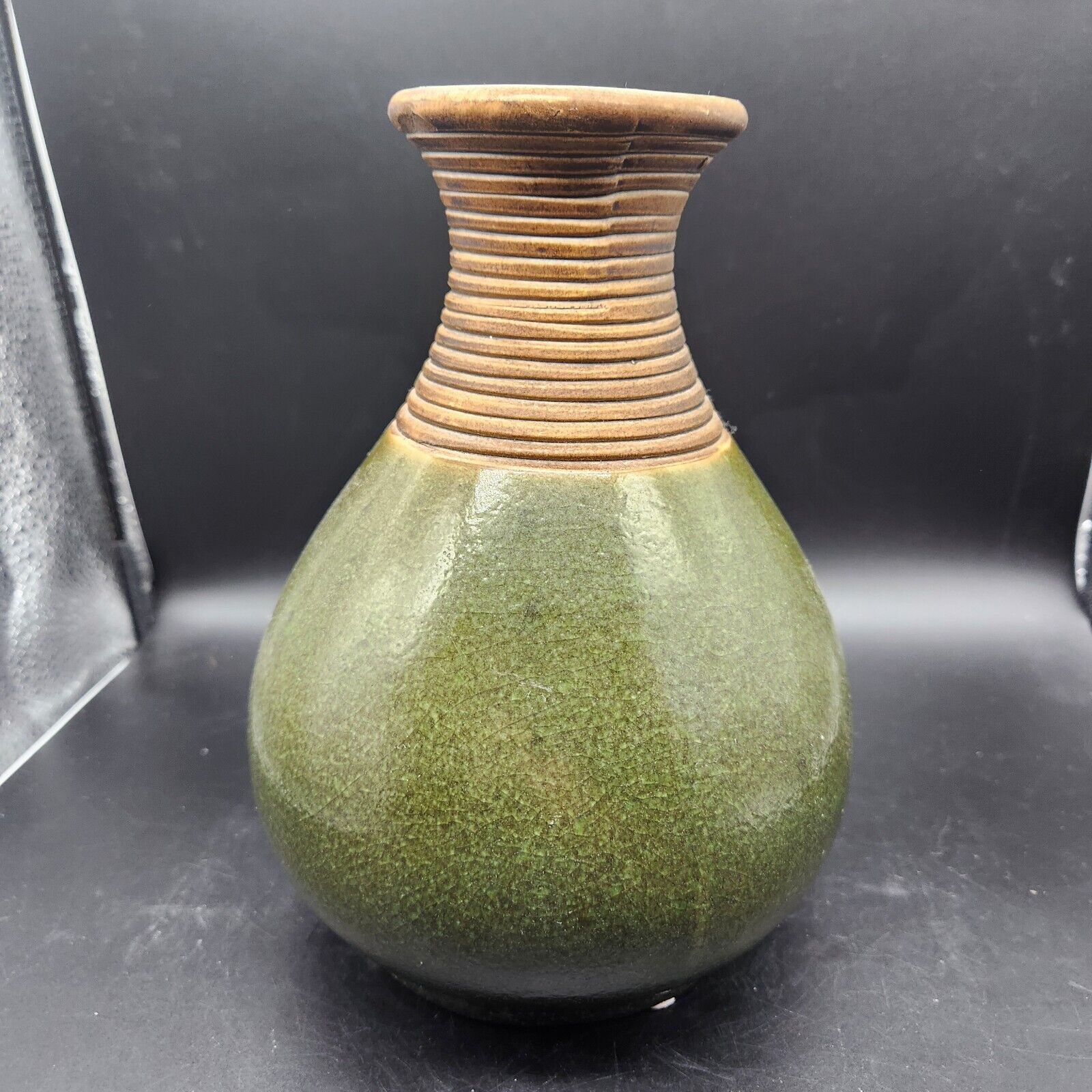 Hosley TM Potteries Brown Avocado Green Water Pitcher Vase 8\