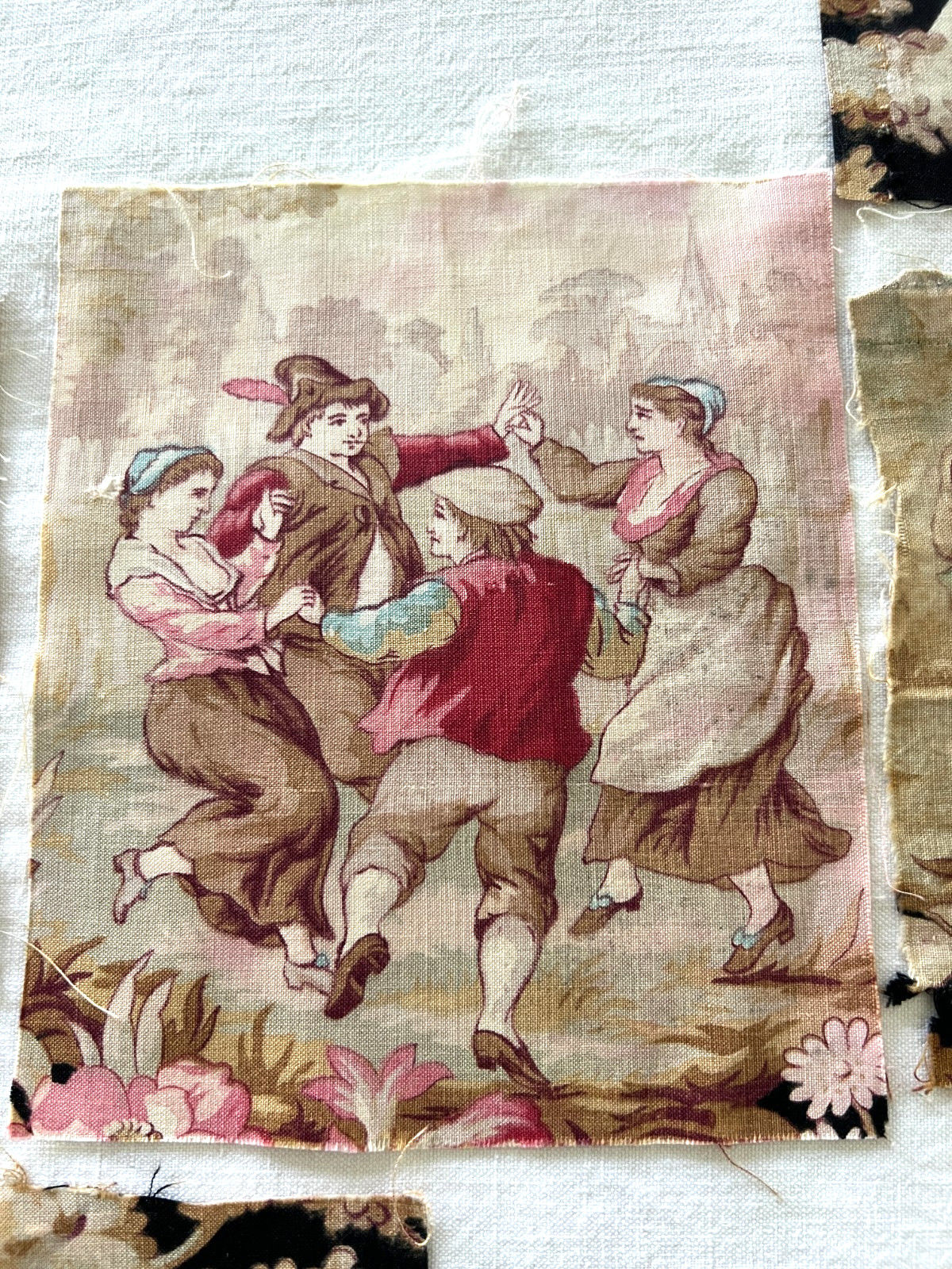 Antique 19th C French Fabric Remnants  Farmhouse Roses Flowers Dancing