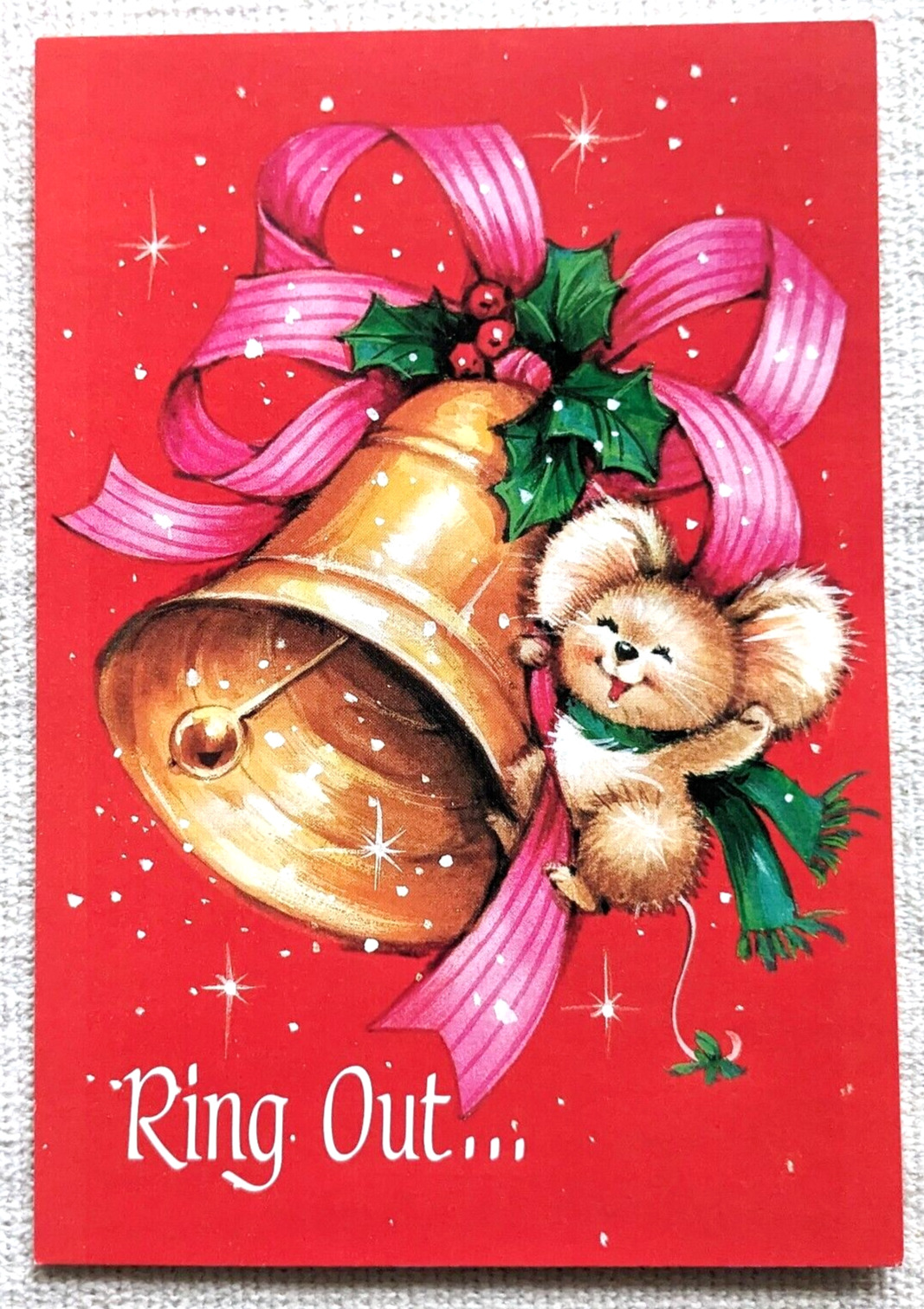 Unused Vintage MOUSE Christmas Greeting Card Bell Ring Rung Pink Ribbon Olympia