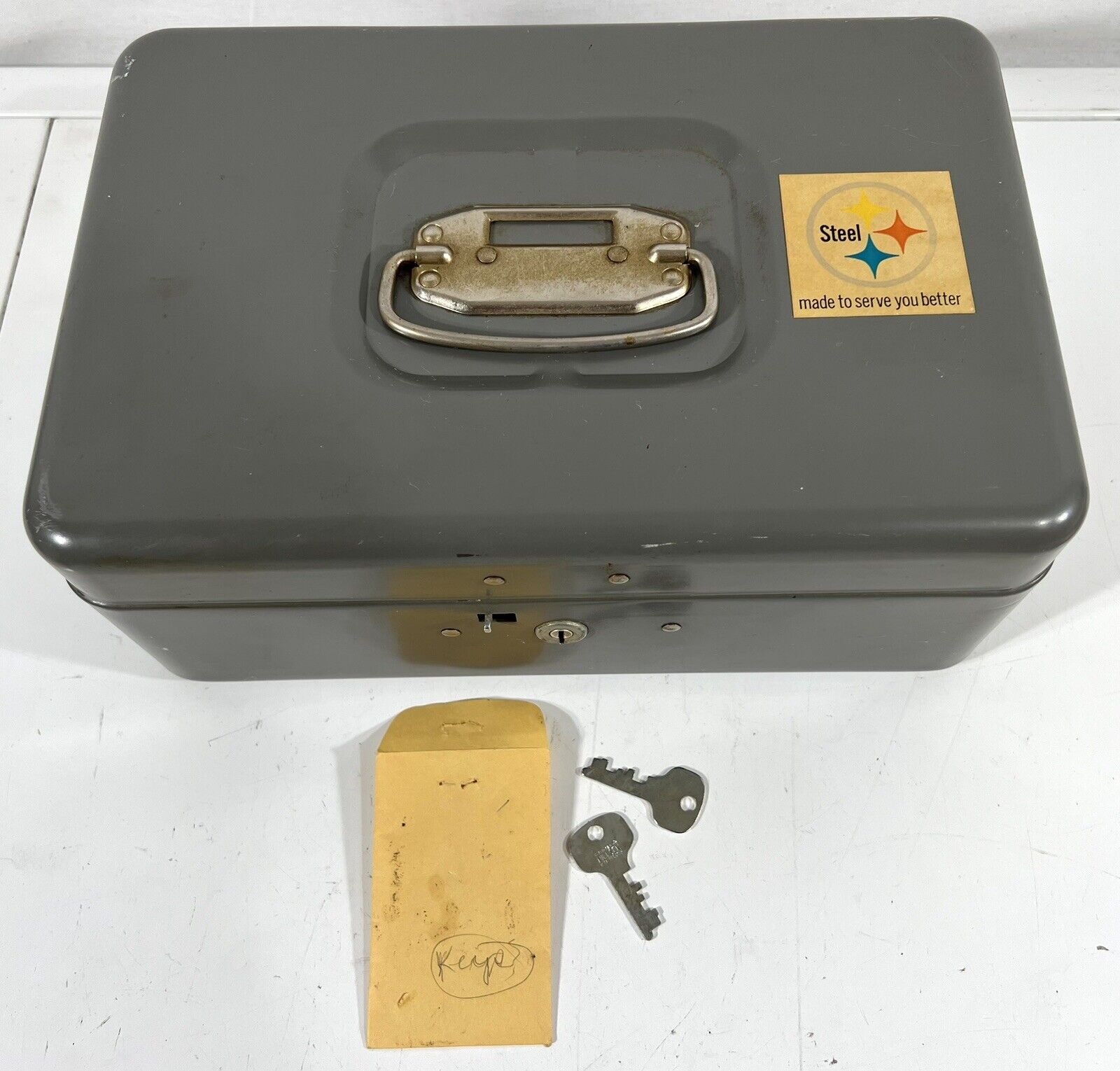 Gray Steel Lockbox with Keys, Union Steel Sticker, Made in USA, Vintage 11x7.5”