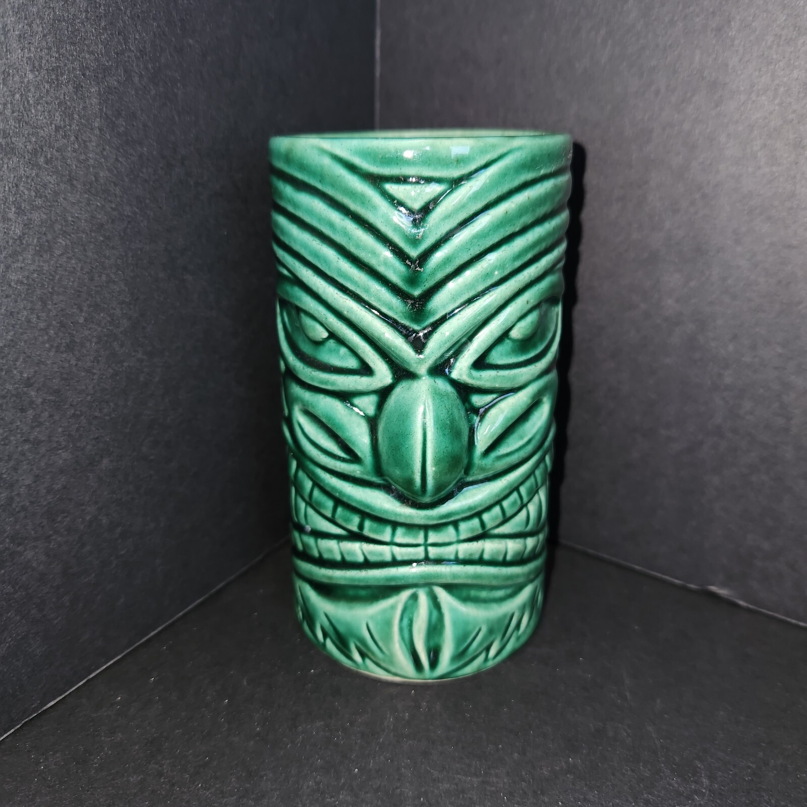 2001 Tiki Farm Mug Tumbler Chico By Jimmy C Hawk Bird Warrior Green RARE HTF