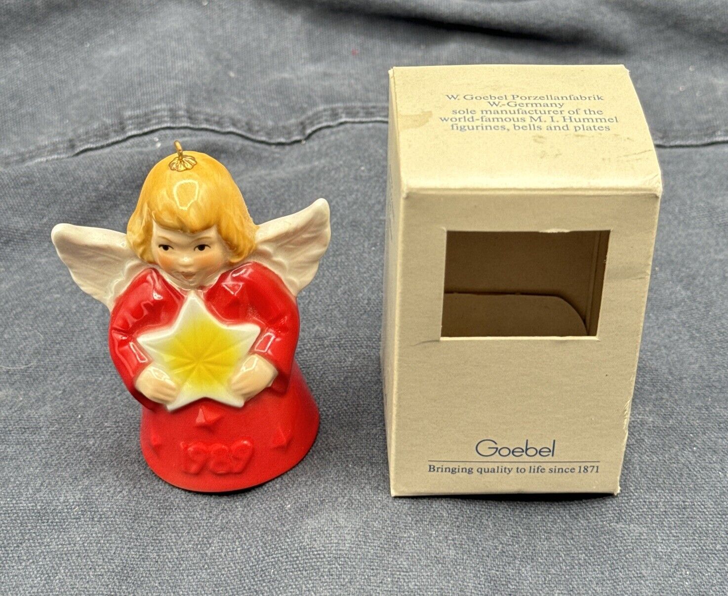 1989 Goebel Annual Angel Bell Christmas Tree Ornament - Red Gown Holding Star
