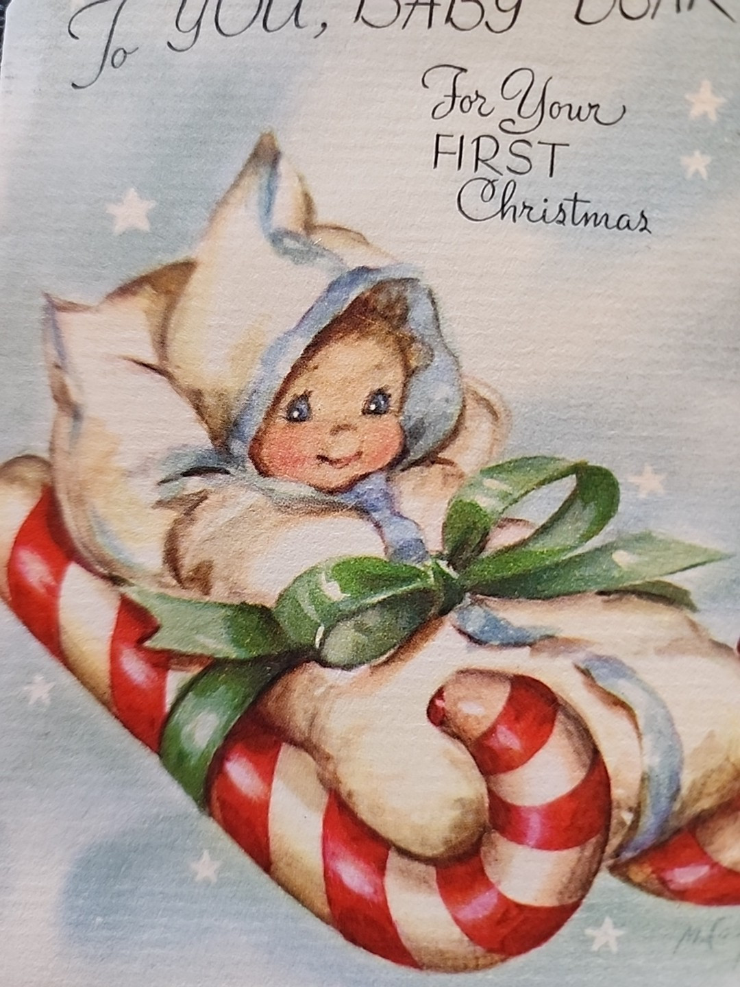 Vtg Rust Craft Christmas Card Baby's First M. Cooper Candycane Sleigh Lamb 40s 