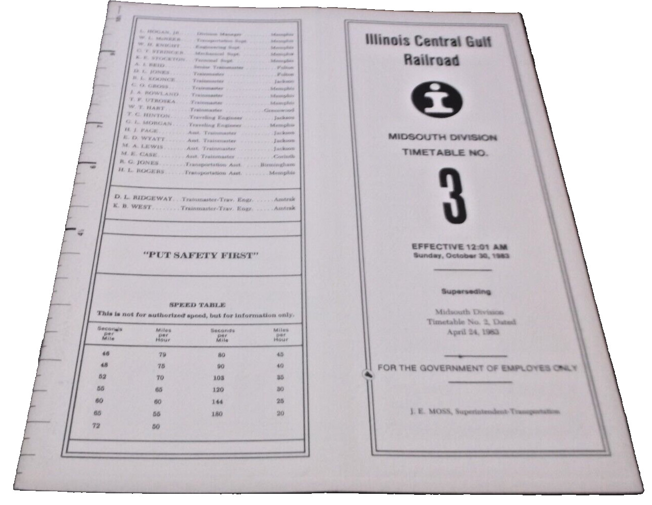 1983 ICG ILLINOIS CENTRAL GULF MIDSOUTH DIVISION EMPLOYEE TIMETABLE #3