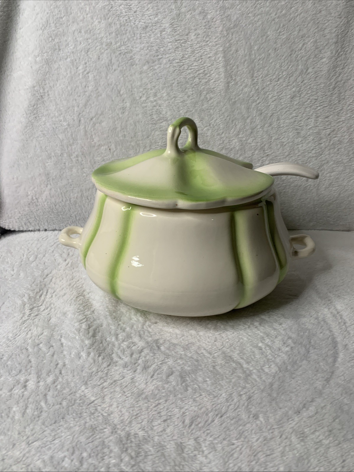 Vintage 1978 Ceramic Melon Pumpkin Soup Tureen Lid Green White Signed