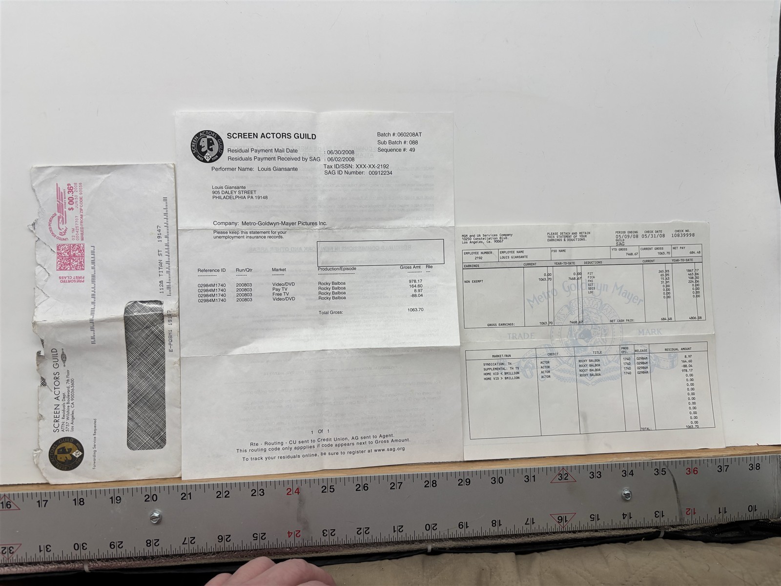 2008 MGM Rocky Balboa Movie Royalty Checks Actor Louis Giansante Receipt Vintage 2008 MGM Rocky Balboa Movie Royalty Checks Actor Louis Giansante Receipt Vintage