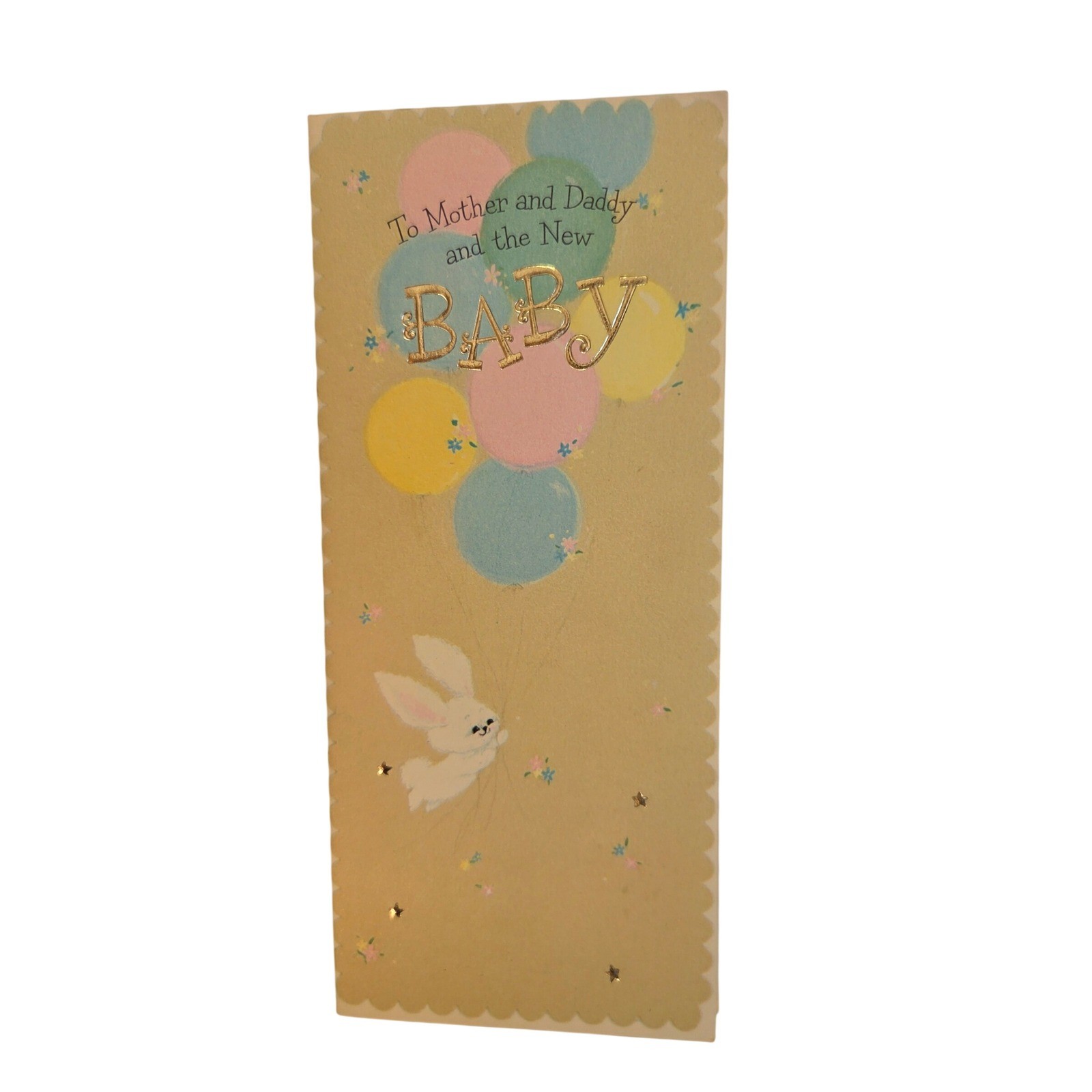 Vintage New Baby Greeting Card Bunny Balloons Gold Foil Used