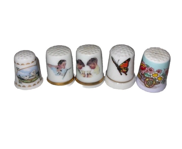 Five cute Vintage Porcelain Thimbles Norman Rockwell Butterfly Flowers ￼