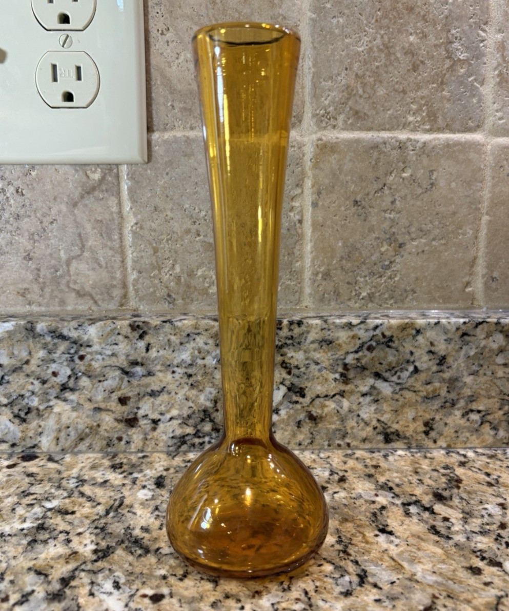 Vintage MCM Amber Glass Bud Vase Bulbous Base Long Neck 8