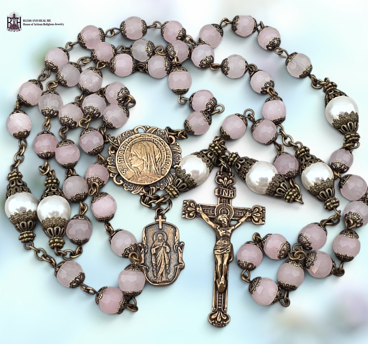 Mary Magdalene Rosary -Heirloom Bronze with Rose Jade and Pearl Shell