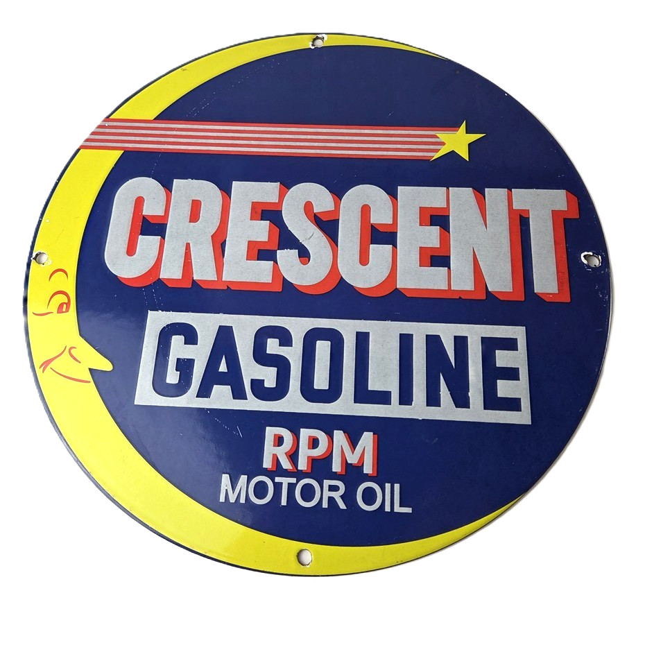 Vintage Crescent Gasoline Sign - RPM Motor Oil Porcelain Gas Pump Station Sign