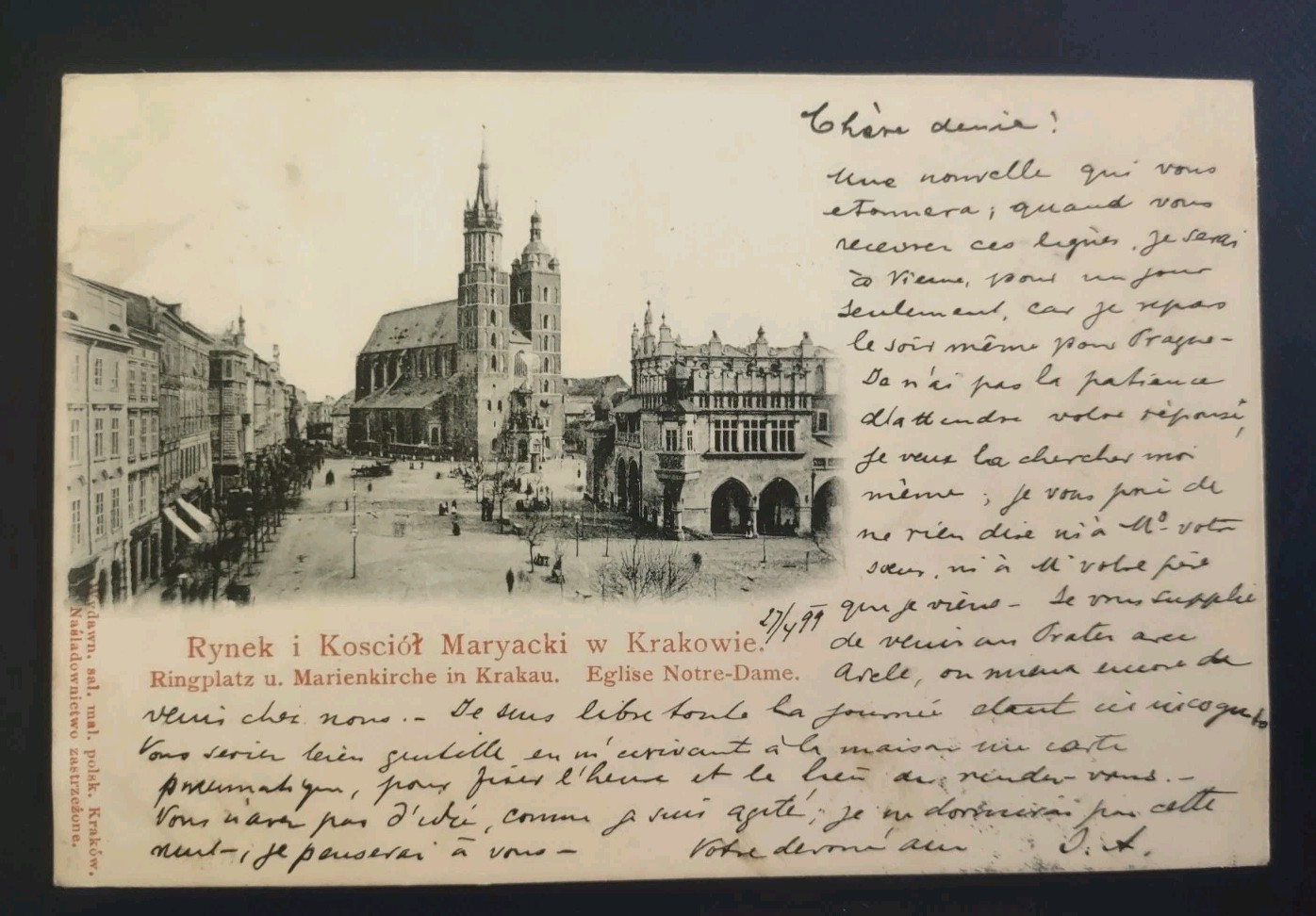 1899 Town View Krakow Poland Postcard Main Market Square St Mary\'s Basilica 