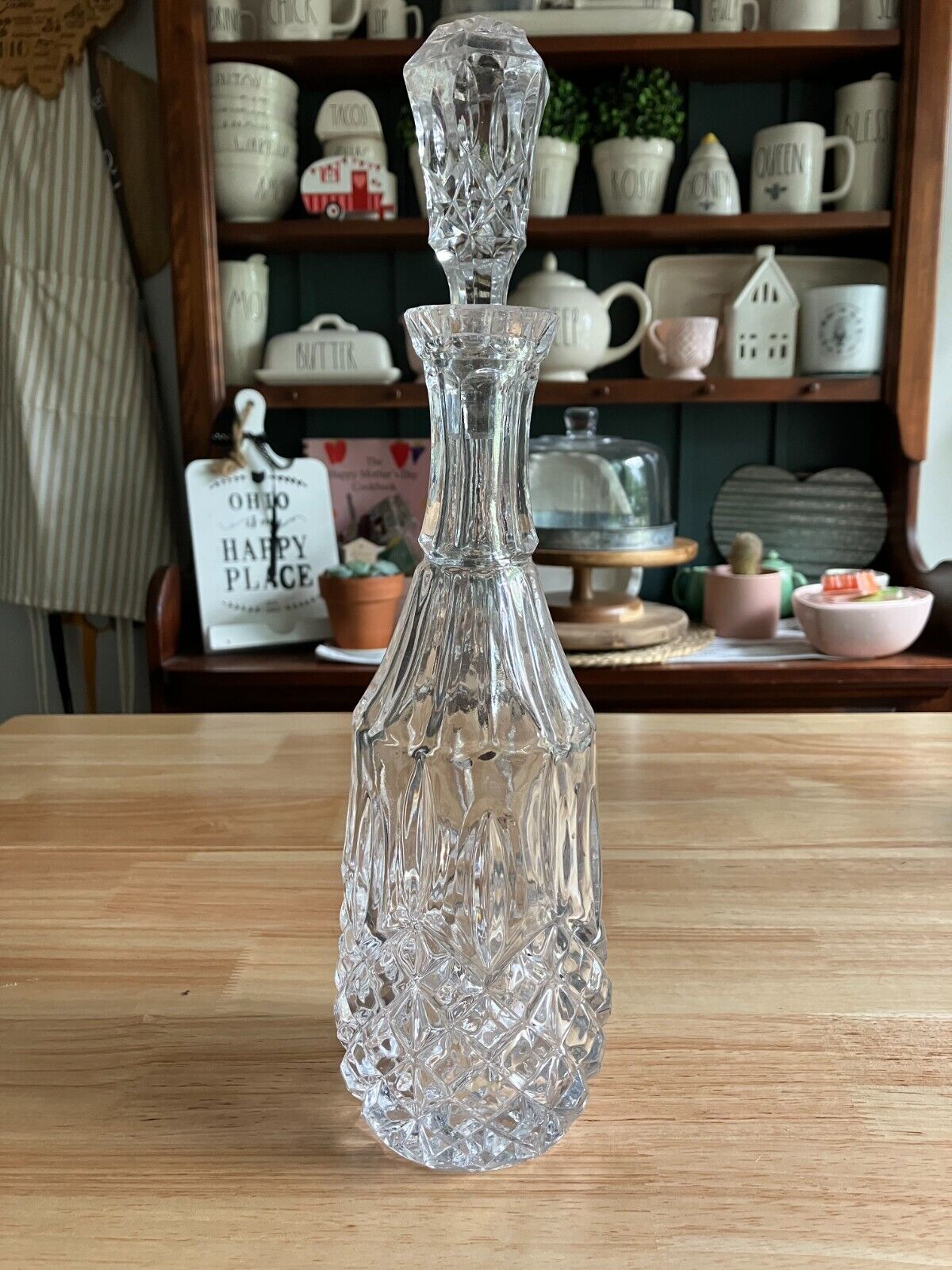 Vintage Clear Glass Liquor Wine Decanter Carafe Diamond Design