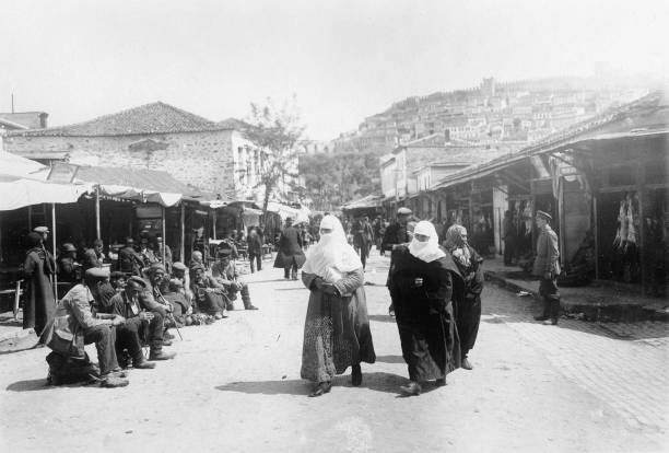 Veiled muslim women on a street in Kavala Macedonia 1910 OLD PHOTO