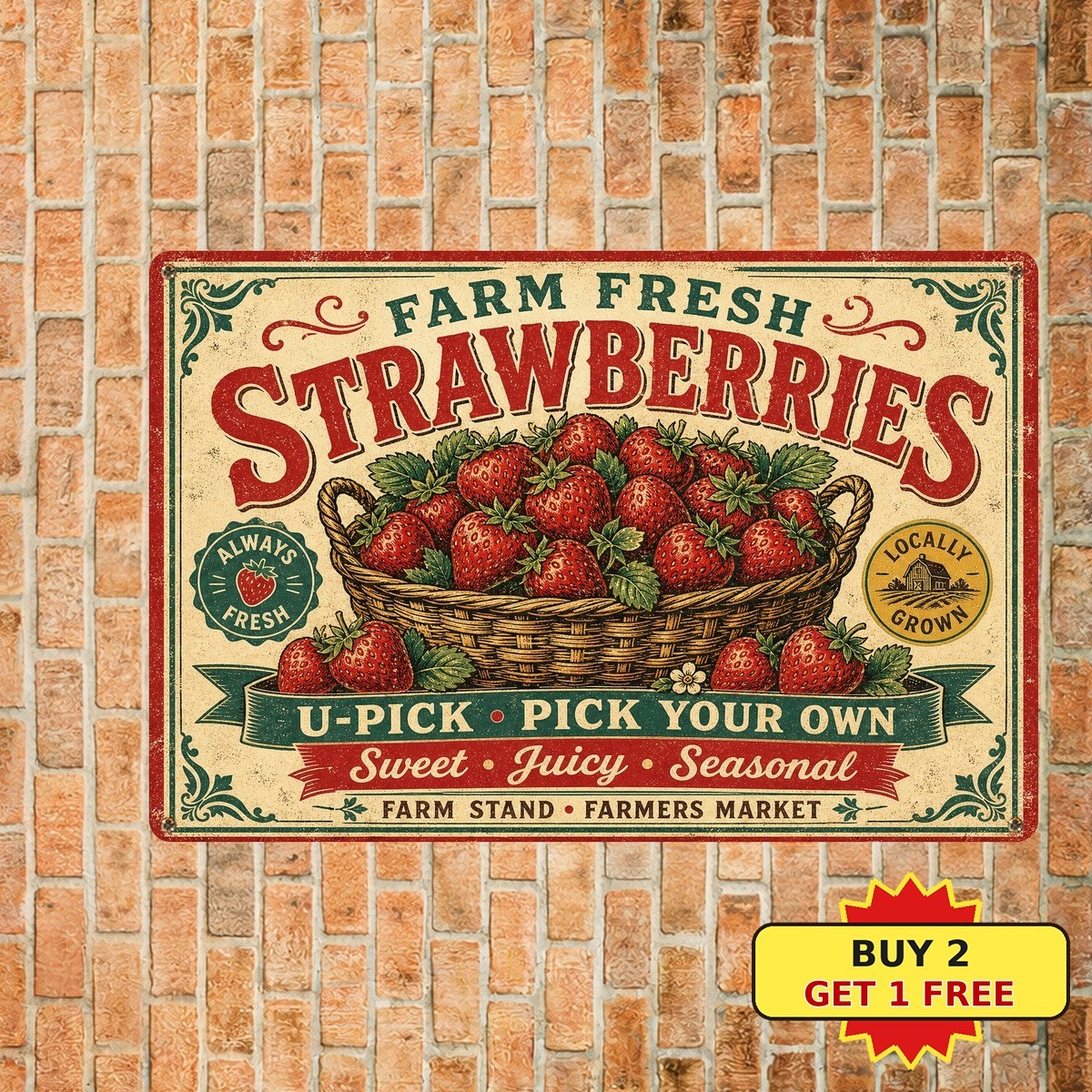 Fresh Strawberry Basket Farm Market Kitchen Fruit Pattern Plaque Metal Tin Sign