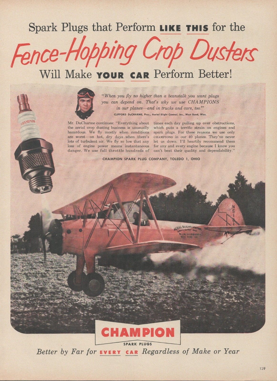1953 Champion Spark Plugs Fence Hopping Crop Duster Airplane Vintage Print Ad