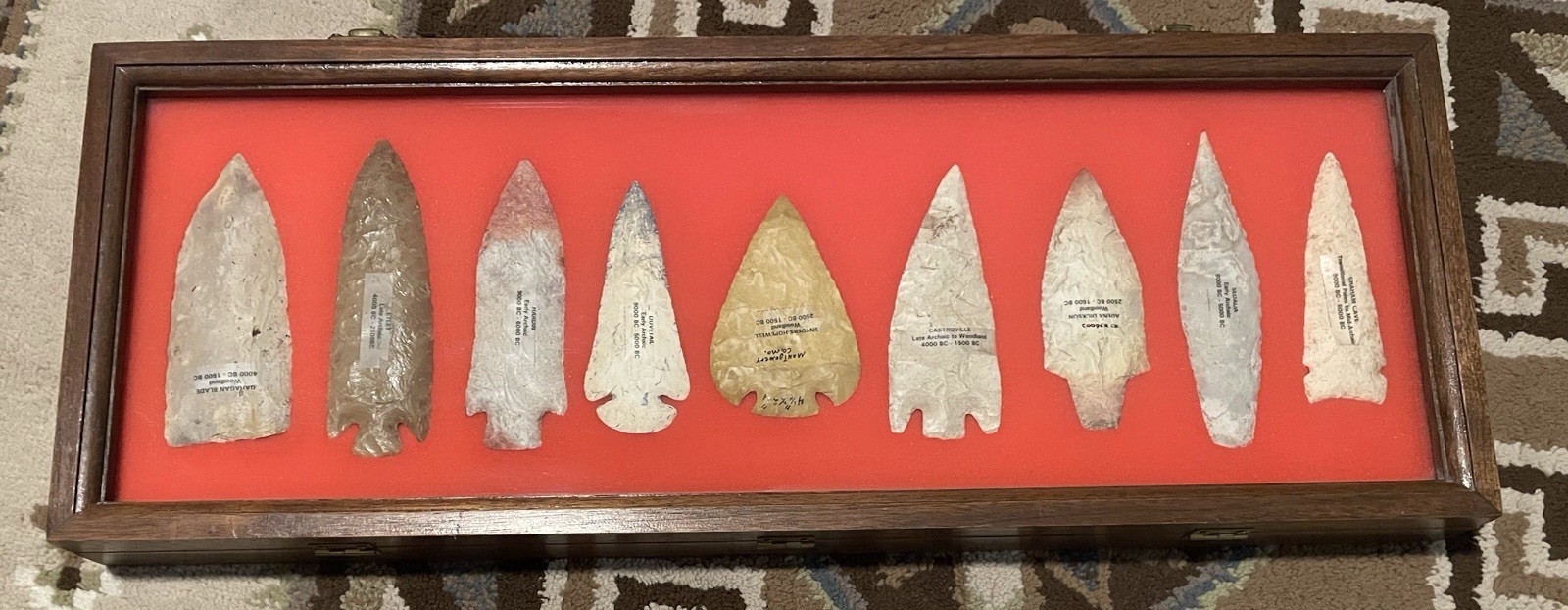 9 Native American Style Arrowheads Spear Points Framed Display Case Unverified
