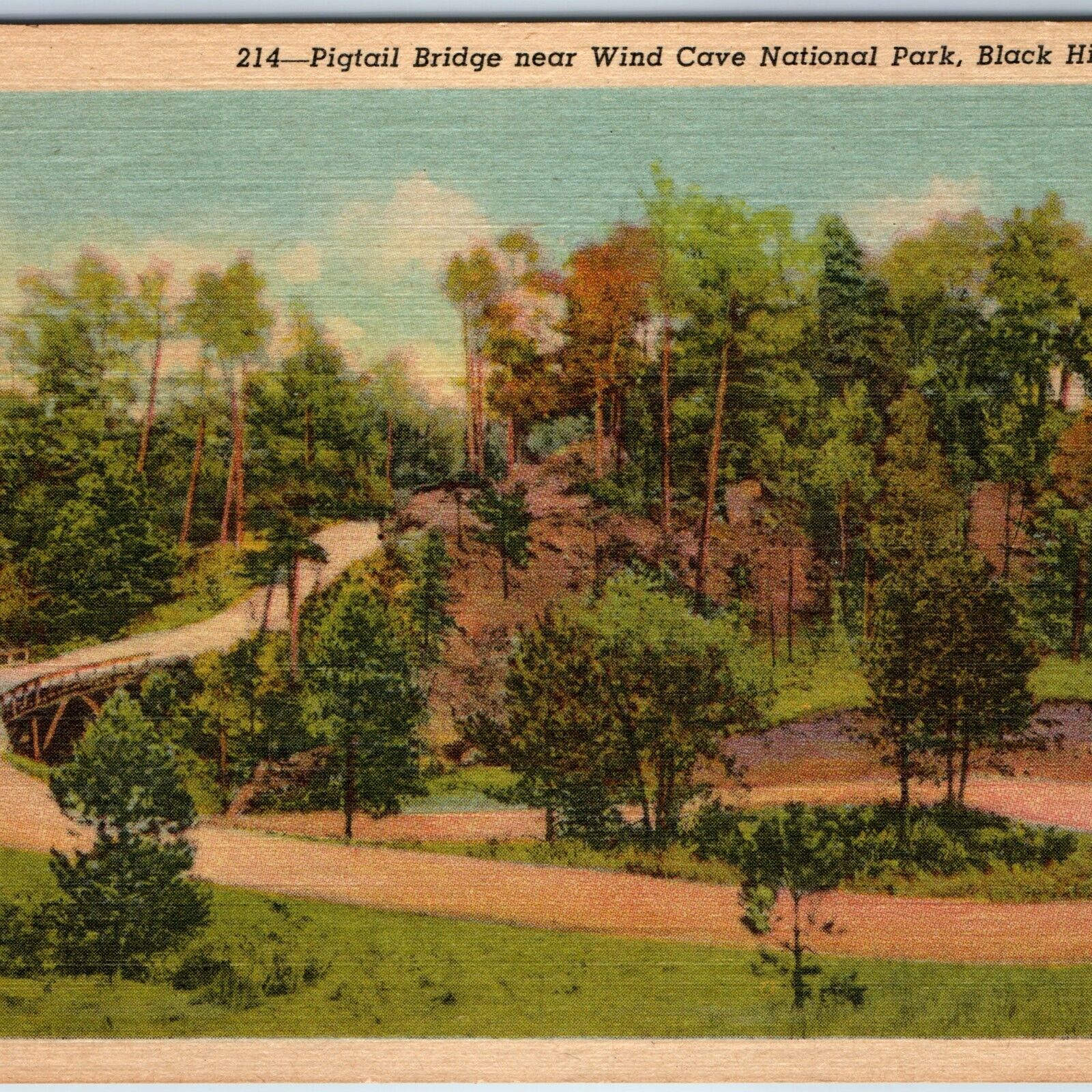 c1940s Black Hills SD Wind Cave Pigtail Bridge Park Deadwood Linen Teich PC A252